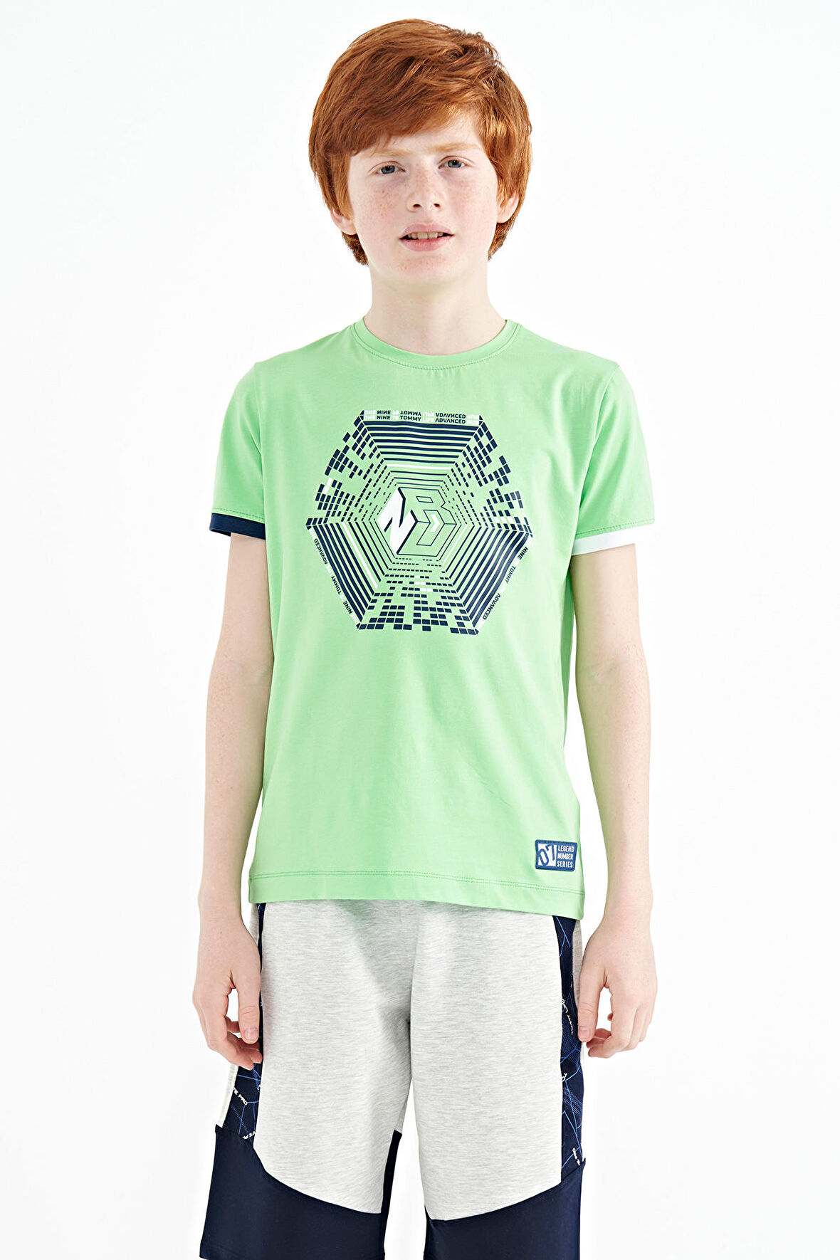 Neon Yeşil Kol Ucu Renkli Detaylı Baskılı Standart Kalıp Erkek Çocuk T-Shirt - 11156 | 6-7 Yaş