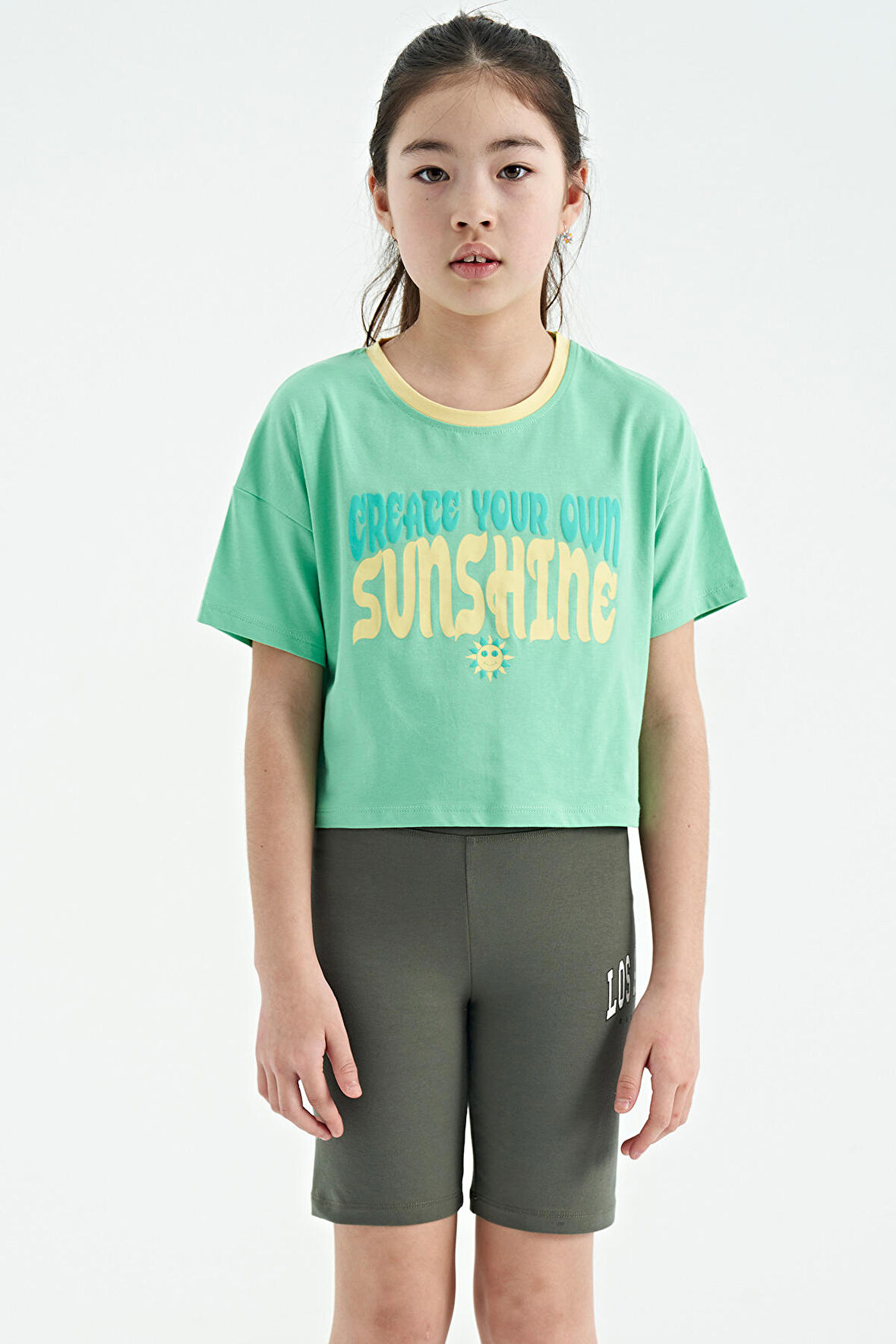 Su Yeşili Renkli Yazı Baskılı O Yaka Oversize  Kısa Kollu Kız Çocuk T-Shirt - 75111 | 7-8 Yaş