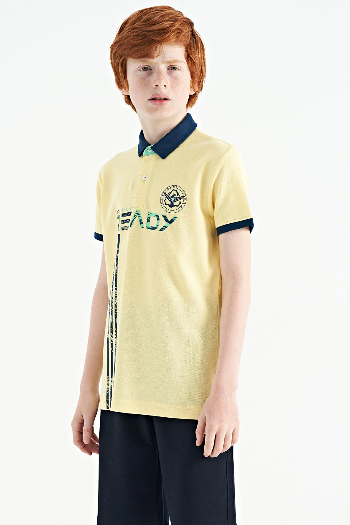 Sarı Yazı Baskı Desenli Standart Kalıp Polo Yaka Erkek Çocuk T-Shirt - 11143 | 6-7 Yaş