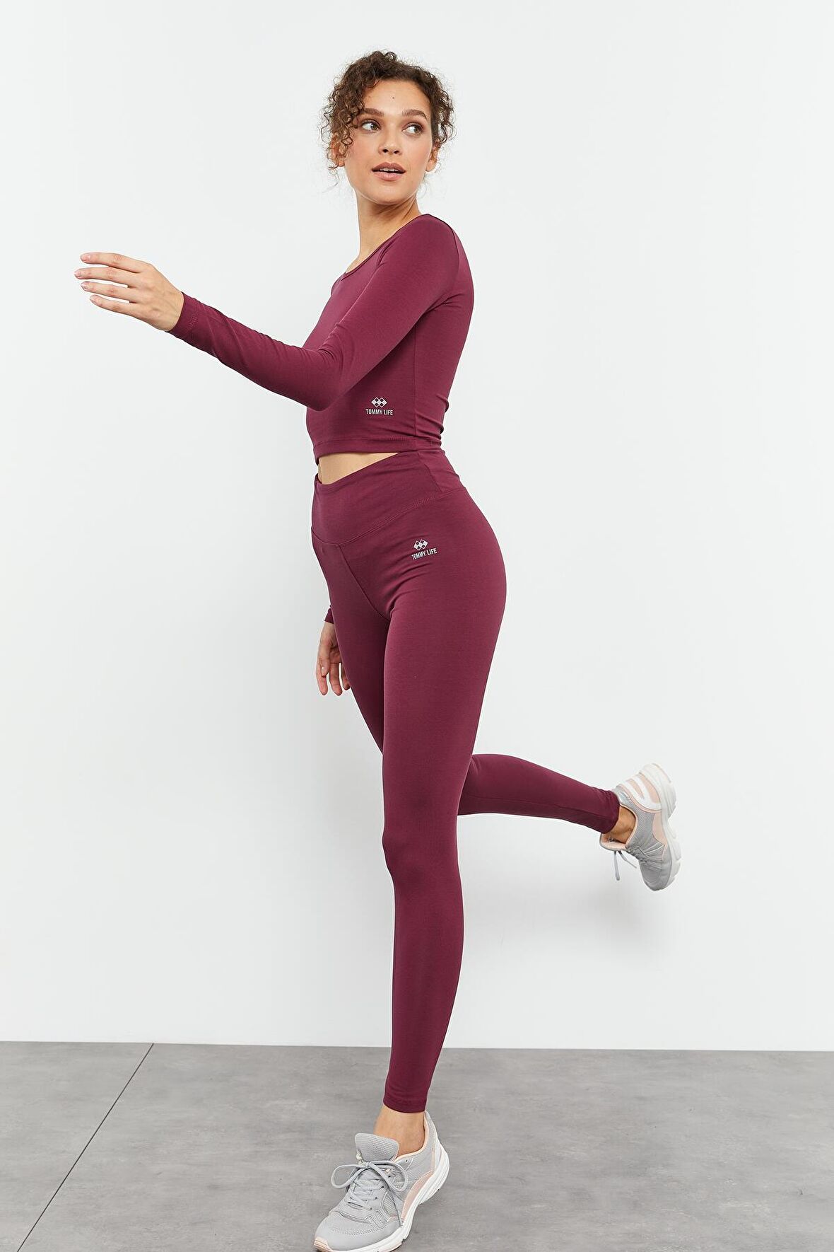 Bordo Yüksek Bel Uzun Kollu Slim Fit Crop Top Kadın Tayt Takım - 95286 | XL