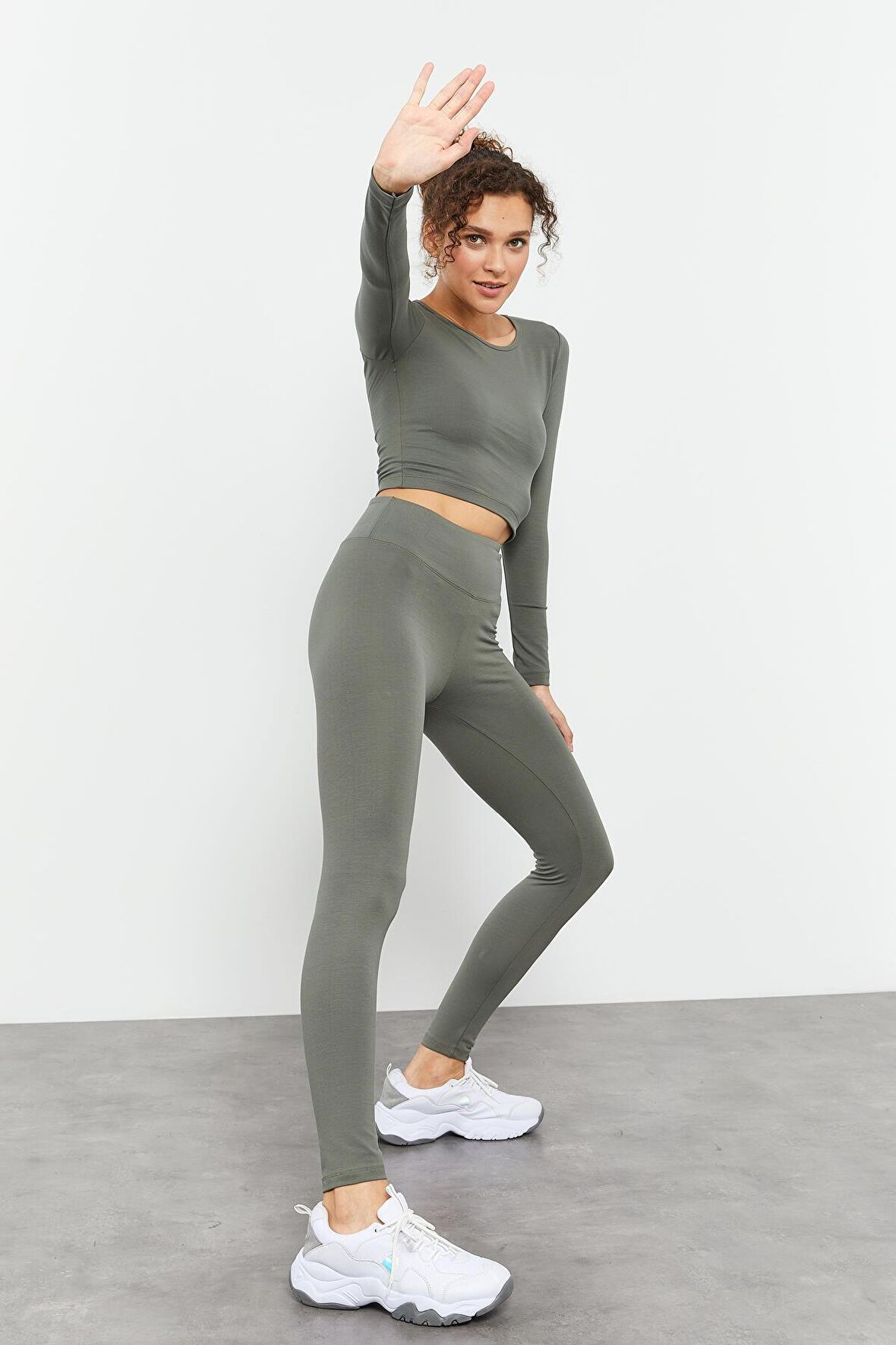 Çağla Yüksek Bel Uzun Kollu Slim Fit Crop Top Kadın Tayt Takım - 95286 | XL