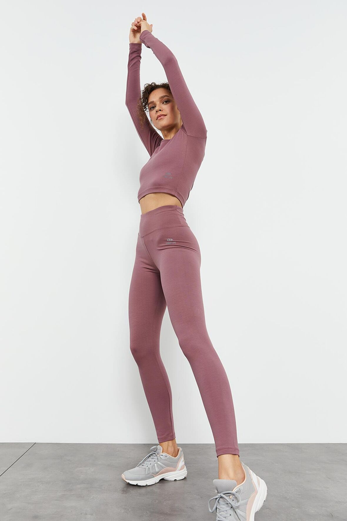 Gül Kurusu Yüksek Bel Uzun Kollu Slim Fit Crop Top Kadın Tayt Takım - 95286 | M