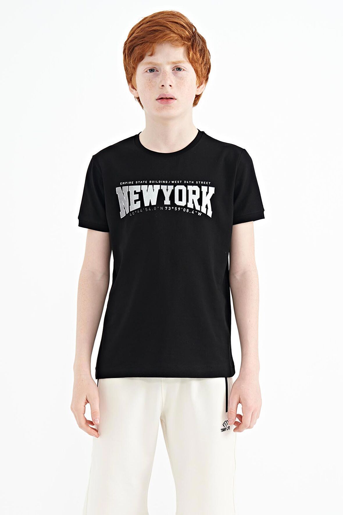 Siyah Yazı Baskılı Standart Kalıp O Yaka Erkek  Çocuk T-Shirt - 11105 | 7-8 Yaş