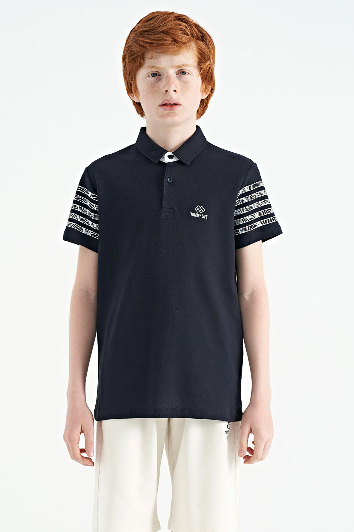 Lacivert Kol Baskı Detaylı Standart Kalıp Polo Yaka Erkek Çocuk T-Shirt - 11093 | 4-5 Yaş