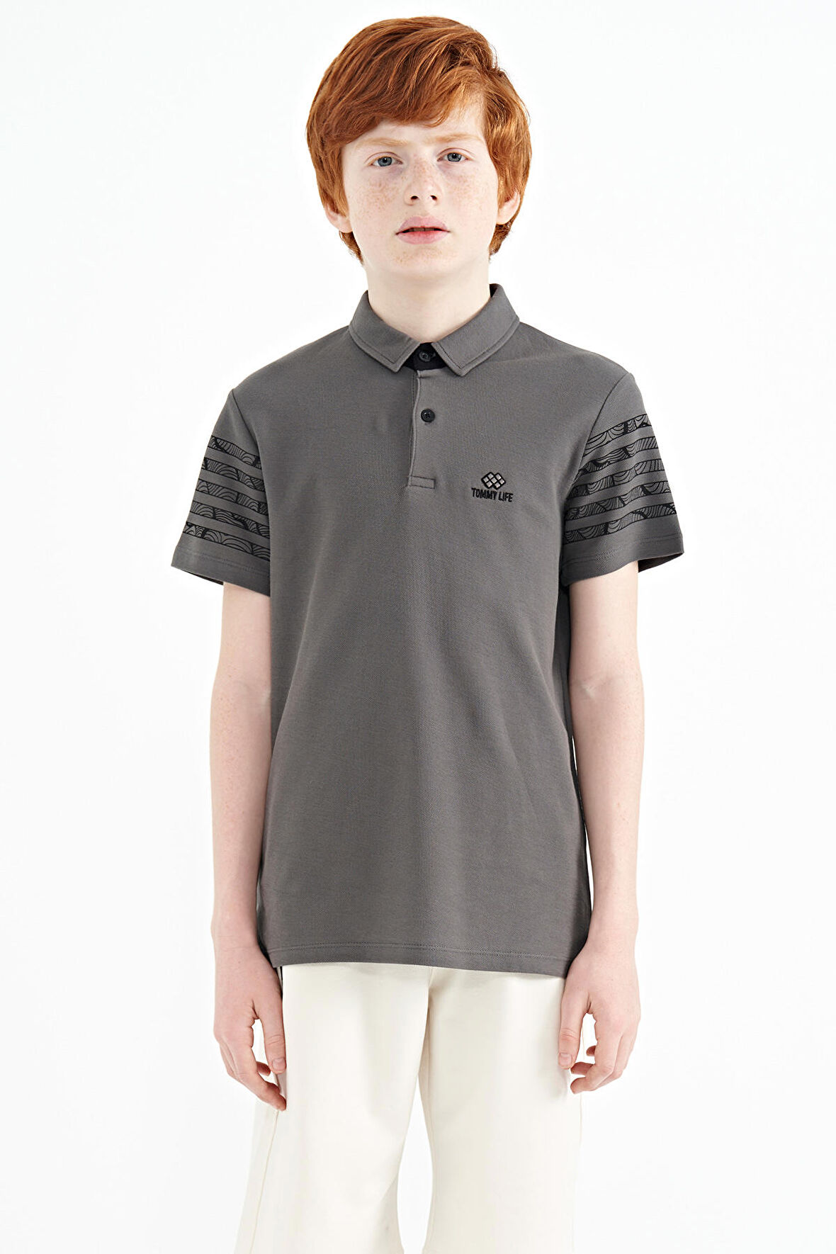 Koyu Gri Kol Baskı Detaylı Standart Kalıp Polo Yaka Erkek Çocuk T-Shirt - 11093 | 11-12 Yaş