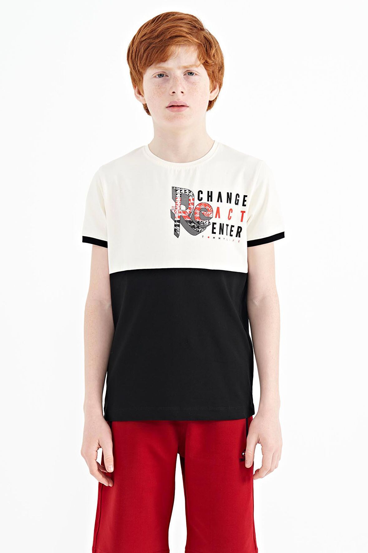 Ekru Baskı Detaylı Renk Bloklu Standart Kalıp O Yaka Erkek Çocuk T-Shirt - 11107 | 13-14 Yaş