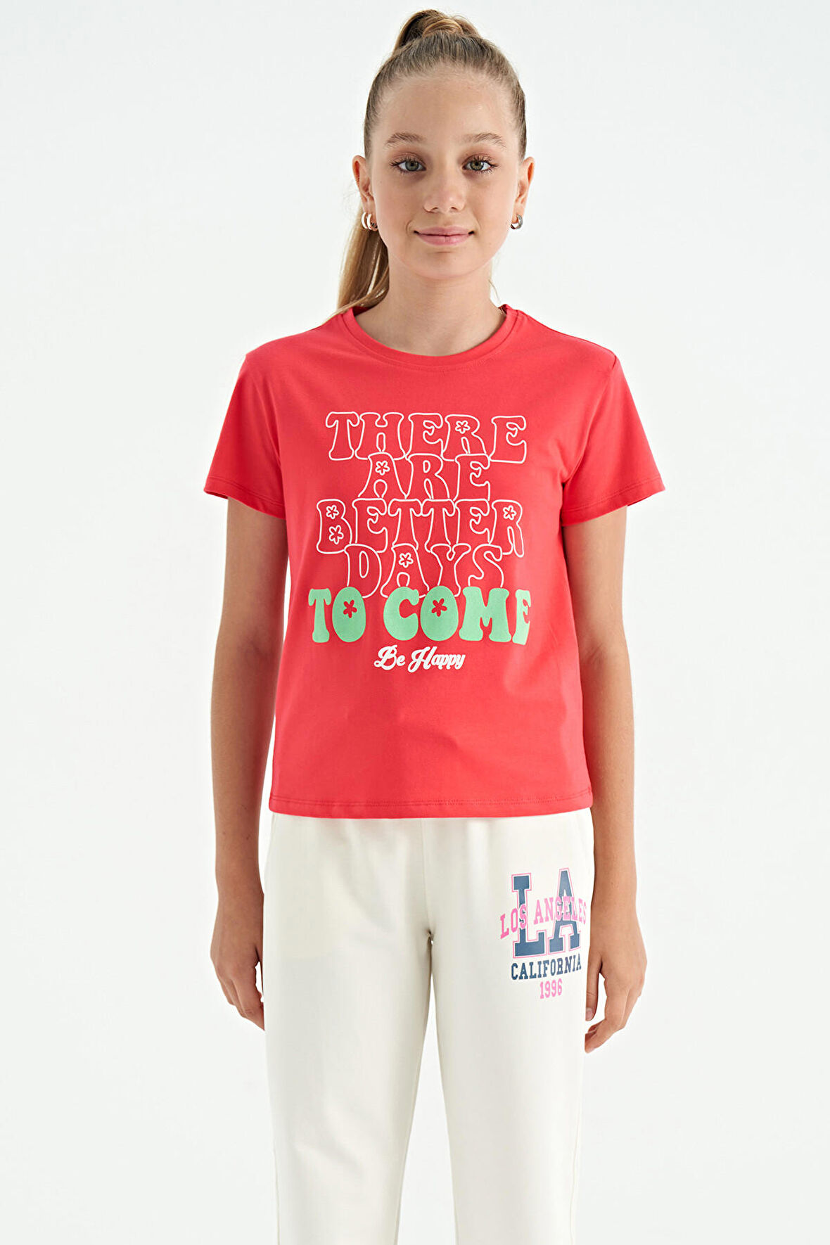 Rose O Yaka Yazı Baskılı Rahat Form Kısa Kollu Cropped Kız Çocuk T-Shirt - 75118 | 13-14 Yaş