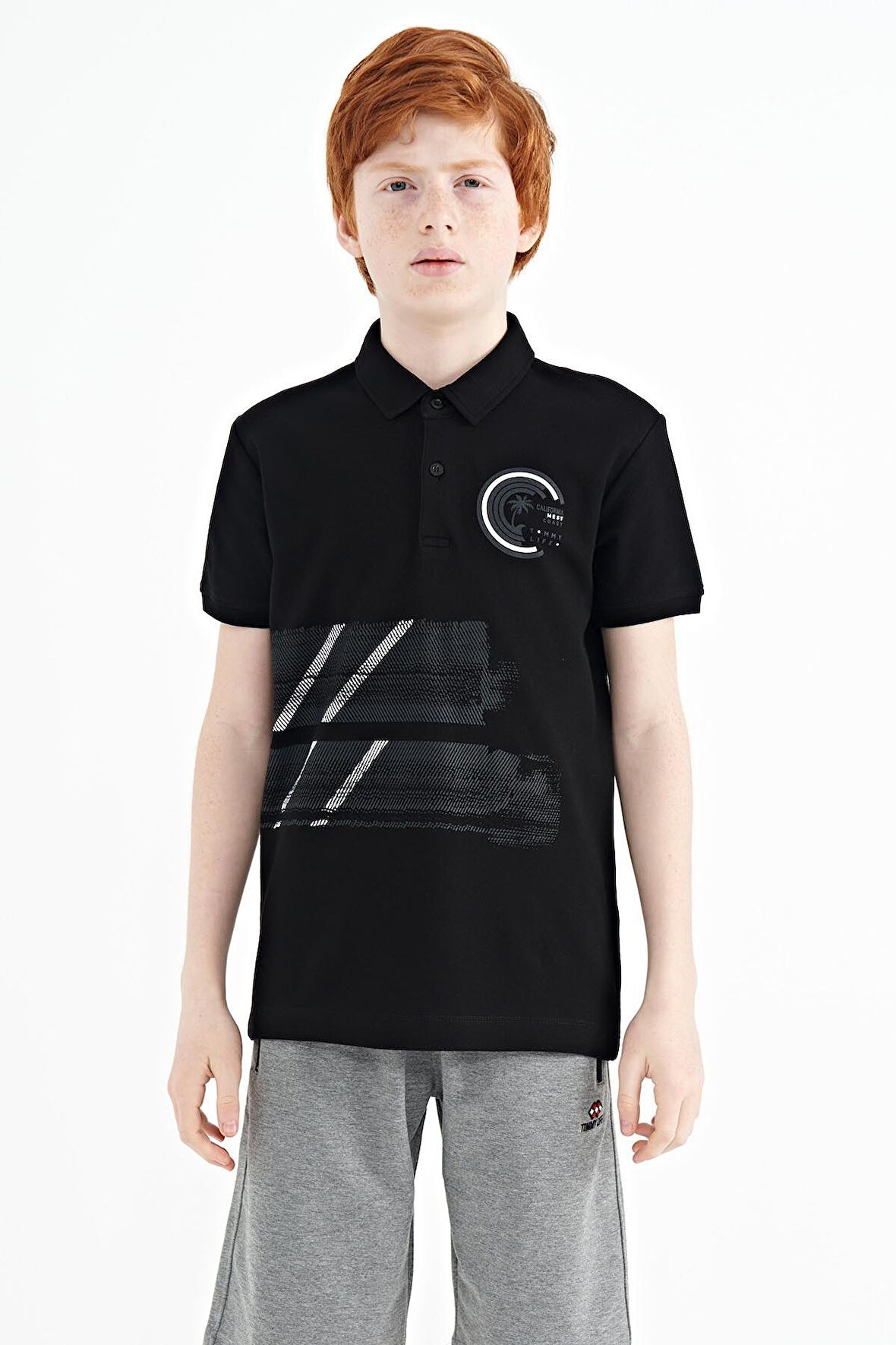 Siyah Baskı Detaylı Polo Yaka Standart Kalıp Erkek Çocuk T-Shirt - 11094 | 7-8 Yaş