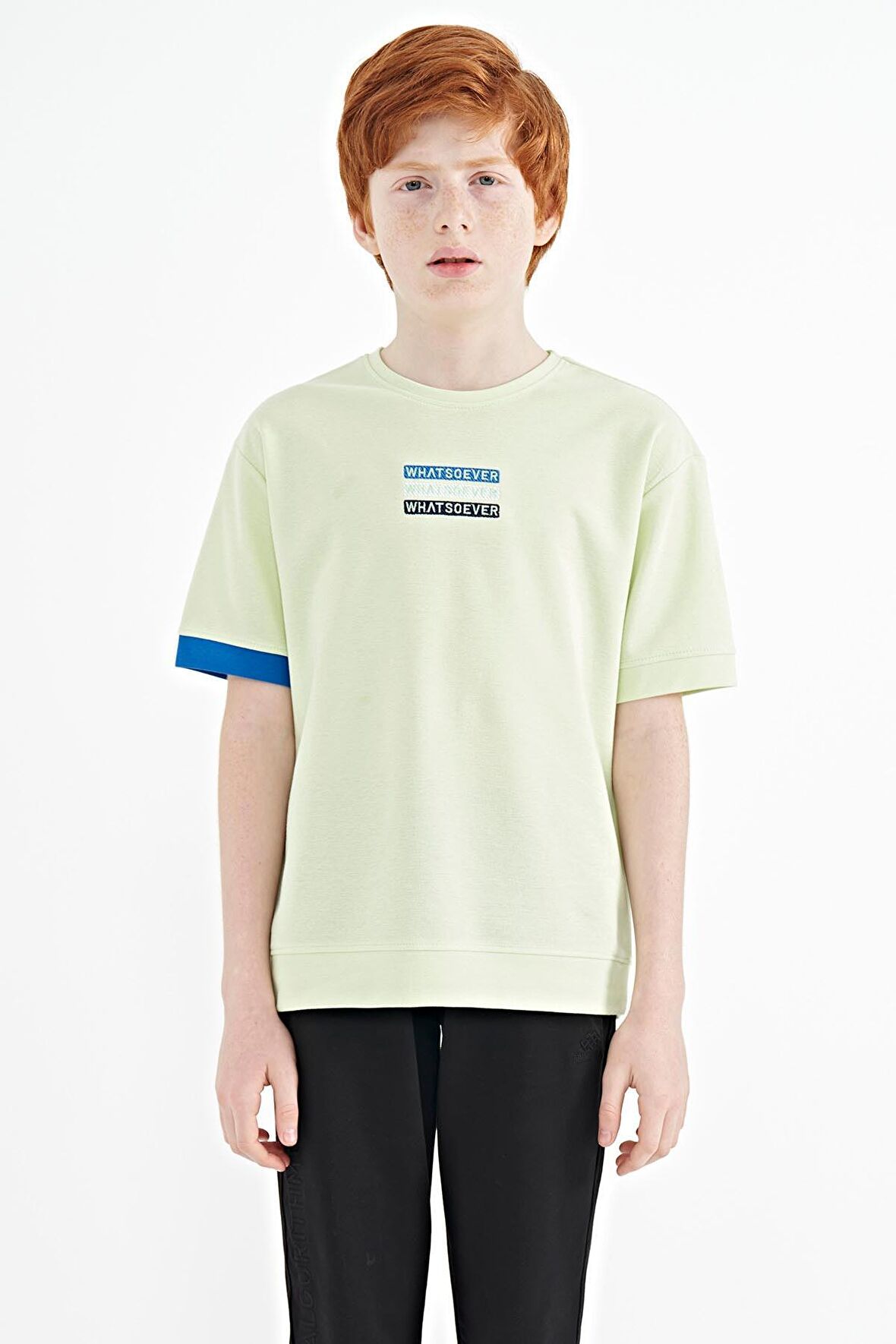 Açık Yeşil Yazı Nakışlı O Yaka Oversize Erkek Çocuk T-Shirt - 11146