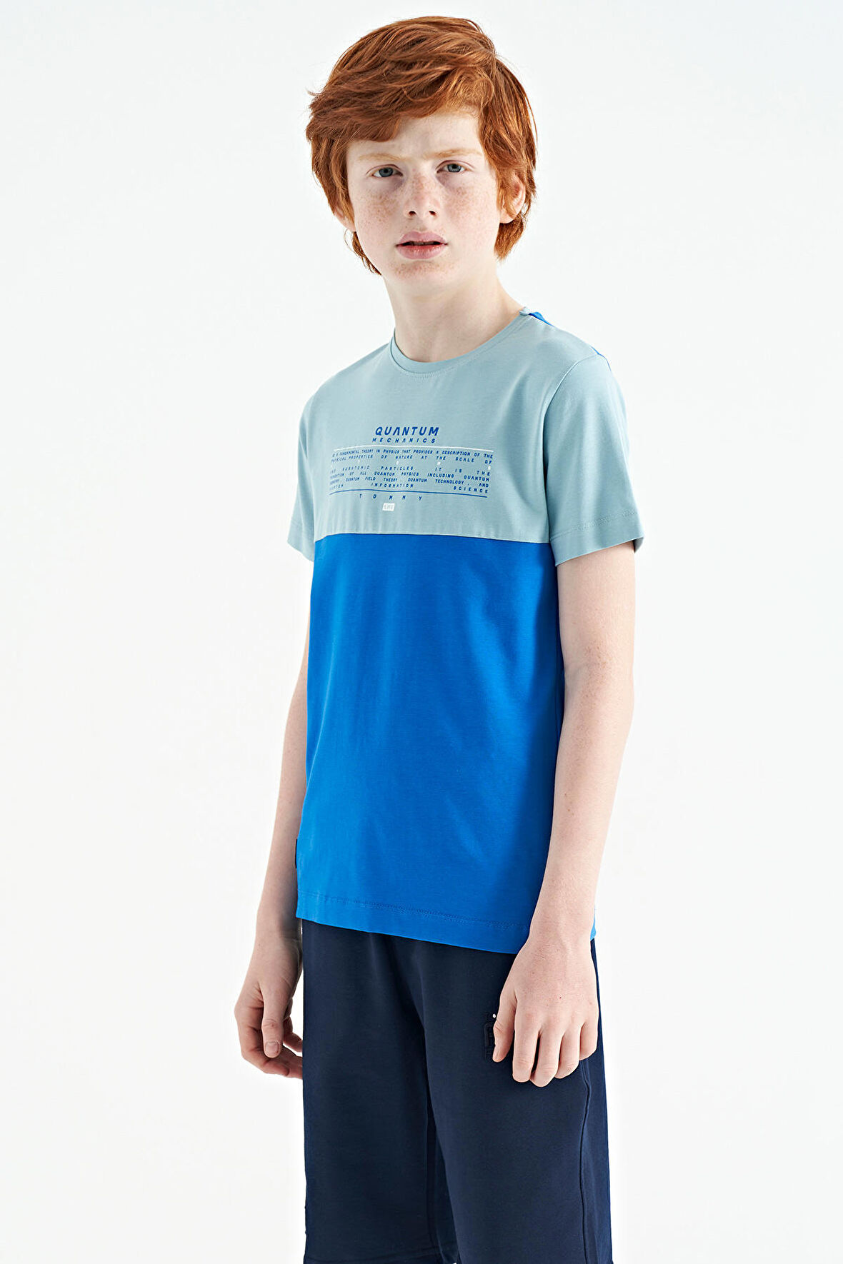Saks Yazı Baskılı Renk Bloklu Standart Kalıp O Yaka Erkek Çocuk T-Shirt - 11134 | 7-8 Yaş