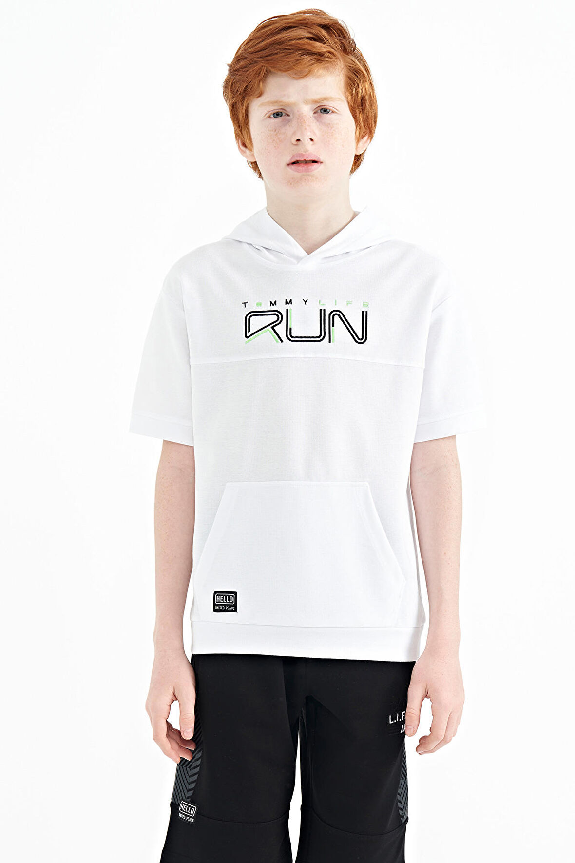 Beyaz Kanguru Cepli Kapüşonlu Oversize Erkek Çocuk T-Shirt - 11160 | 7-8 Yaş