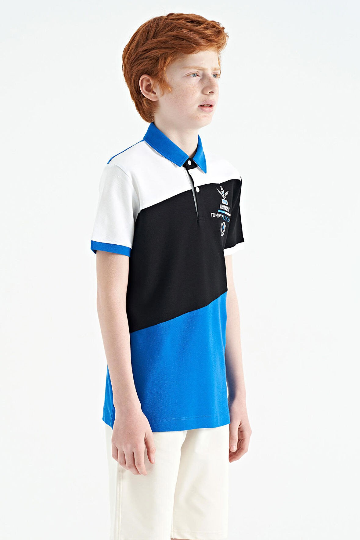 Saks Renk Bloklu Nakış Detaylı Standart Kalıp Polo Yaka Erkek Çocuk T-Shirt - 11088 | 14-15 Yaş
