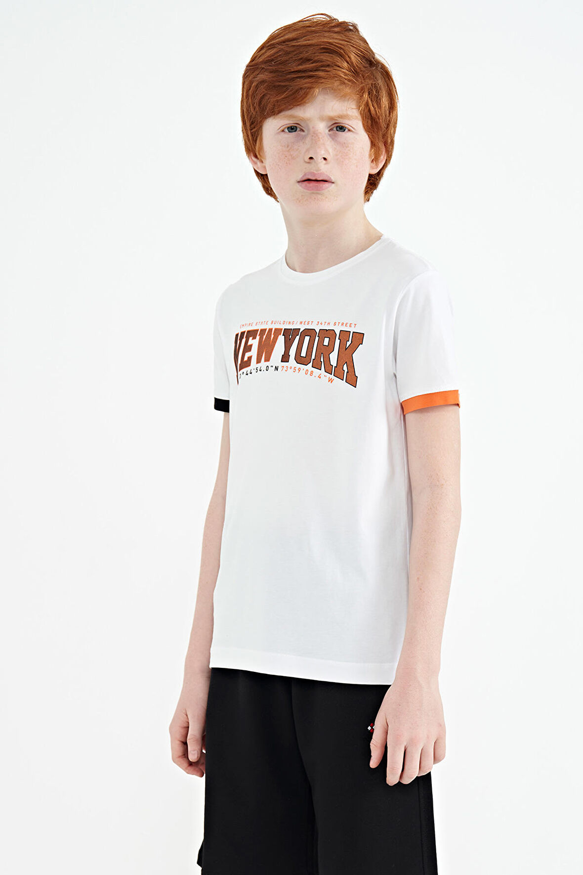 Beyaz Yazı Baskılı Standart Kalıp O Yaka Erkek  Çocuk T-Shirt - 11105 | 14-15 Yaş