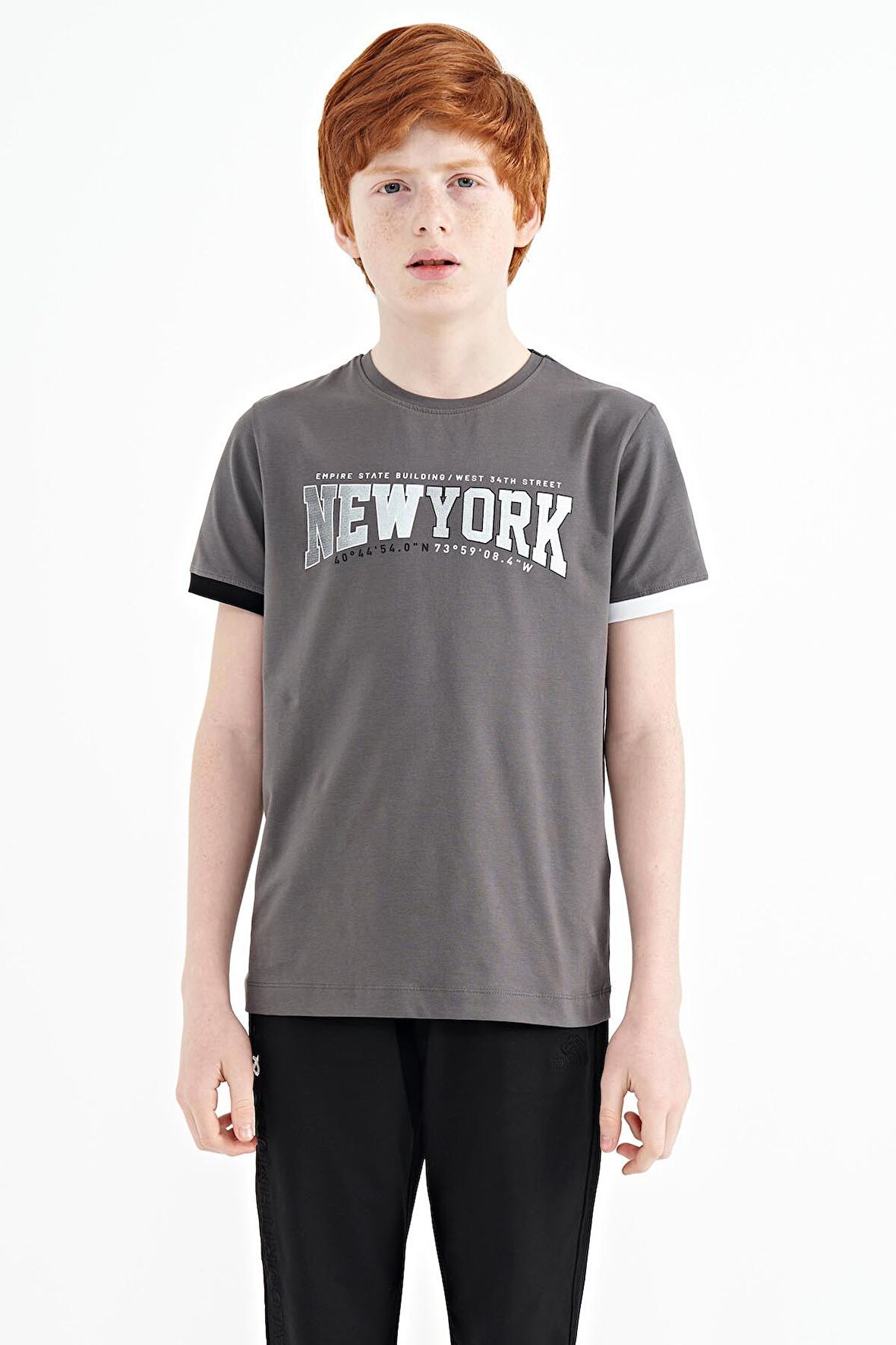 Koyu Gri Yazı Baskılı Standart Kalıp O Yaka Erkek  Çocuk T-Shirt - 11105 | 12-13 Yaş
