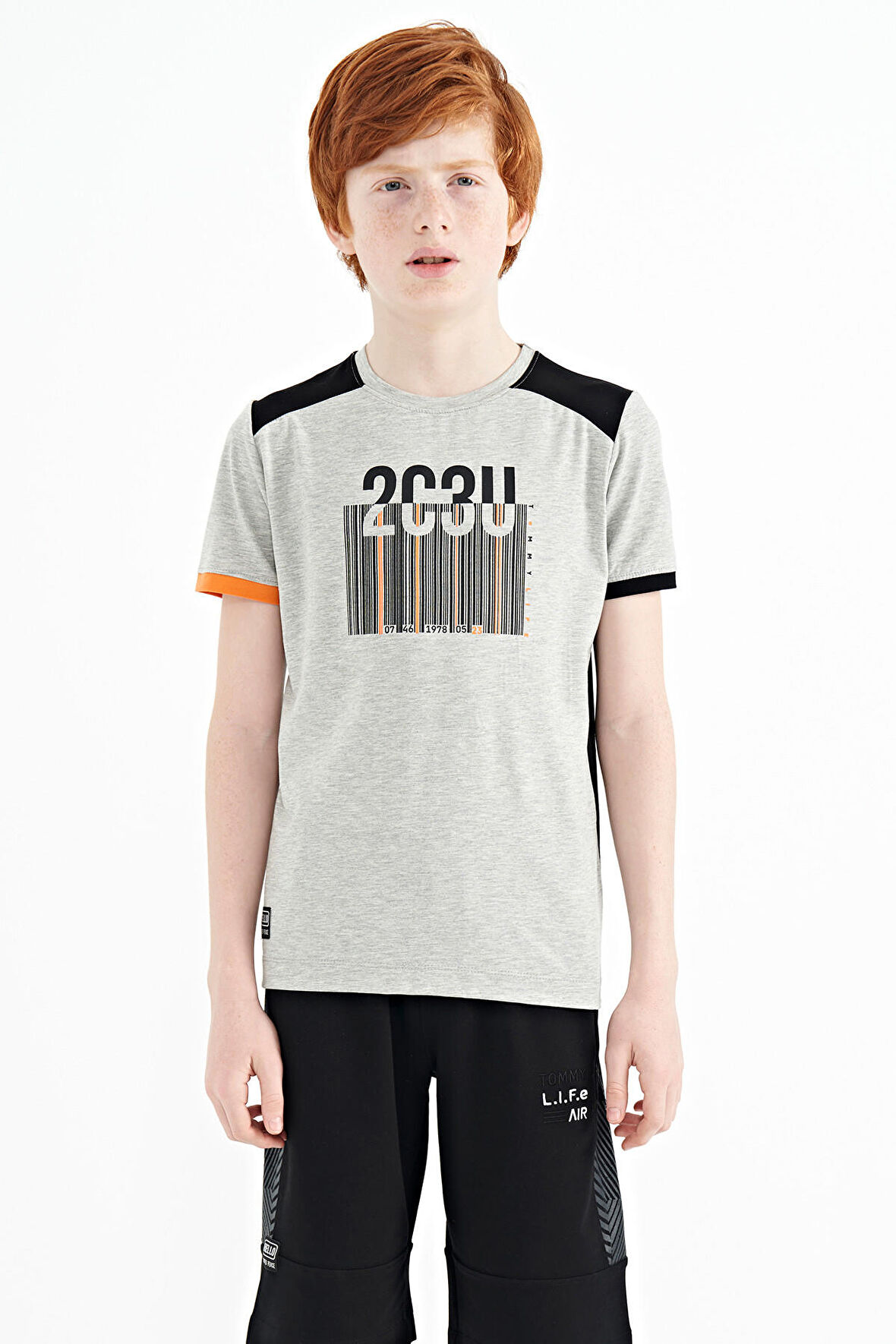 Gri Melanj Baskı Detaylı O Yaka Standart Kalıp Erkek Çocuk T-Shirt - 11157