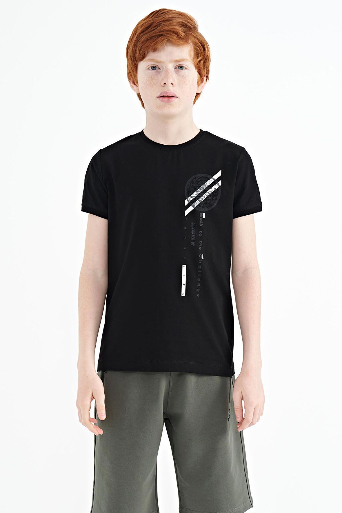 Siyah Baskı Detaylı O Yaka Standart Kalıp Erkek Çocuk T-Shirt - 11131 | 9-10 Yaş