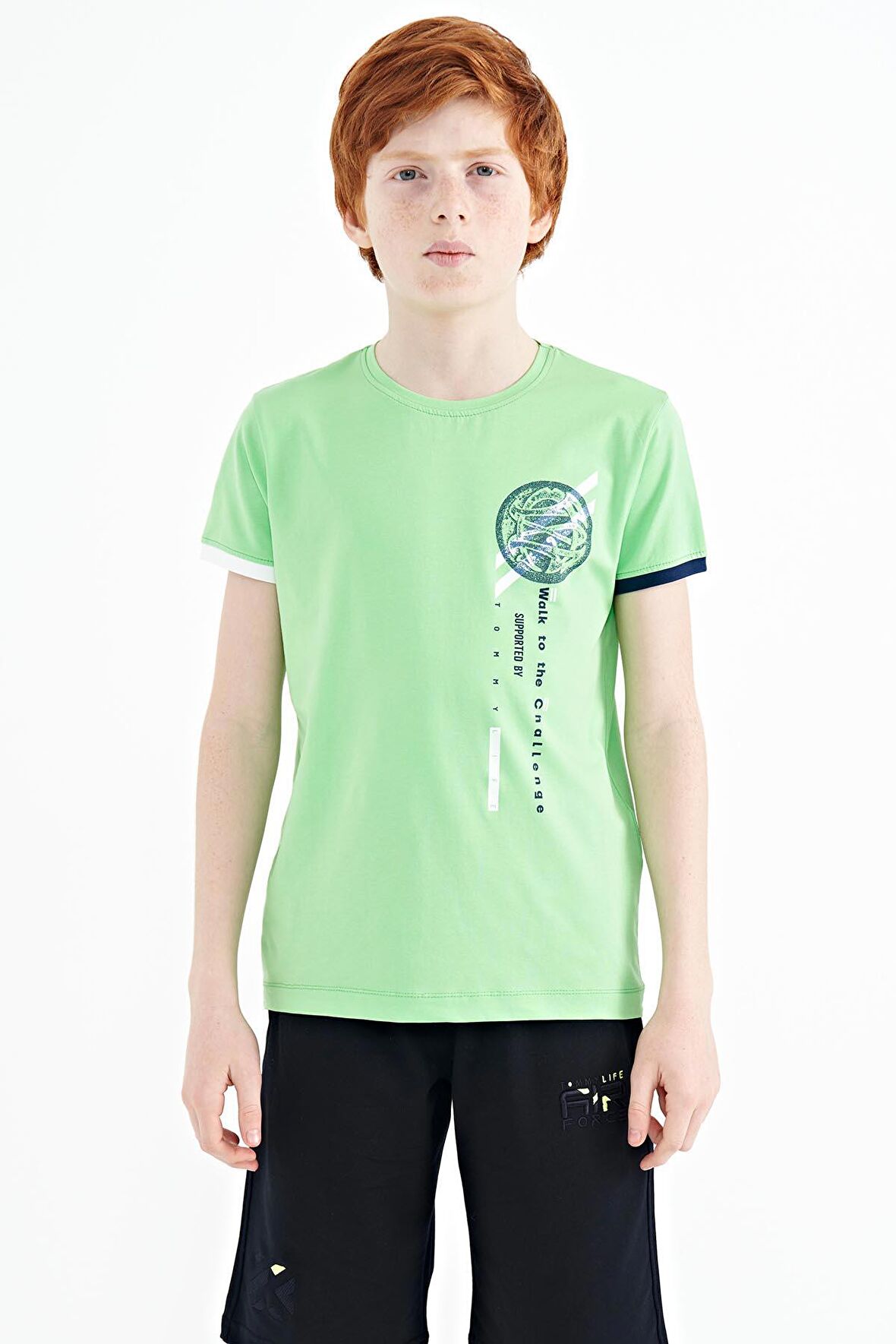 Neon Yeşil Baskı Detaylı O Yaka Standart Kalıp Erkek Çocuk T-Shirt - 11131 | 14-15 Yaş