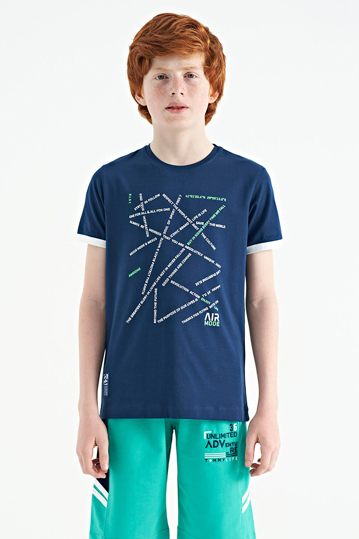 İndigo Minimal Yazı Baskılı Standart Kalıp O Yaka Erkek Çocuk T-Shirt - 11132