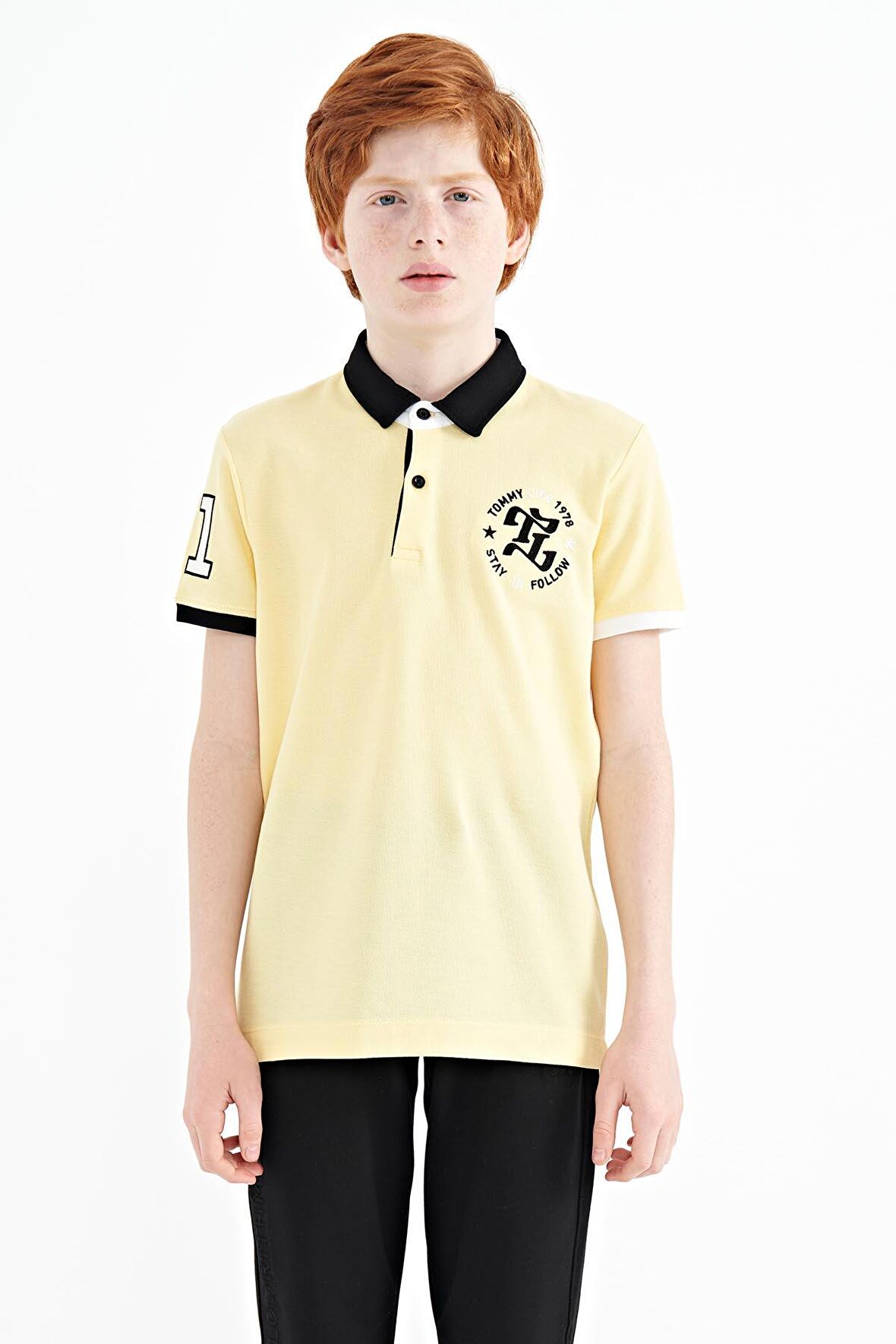 Sarı Kol Gögüs Nakış Detaylı Standart Kalıp Polo Yaka Erkek Çocuk T-Shirt - 11086 | 14-15 Yaş