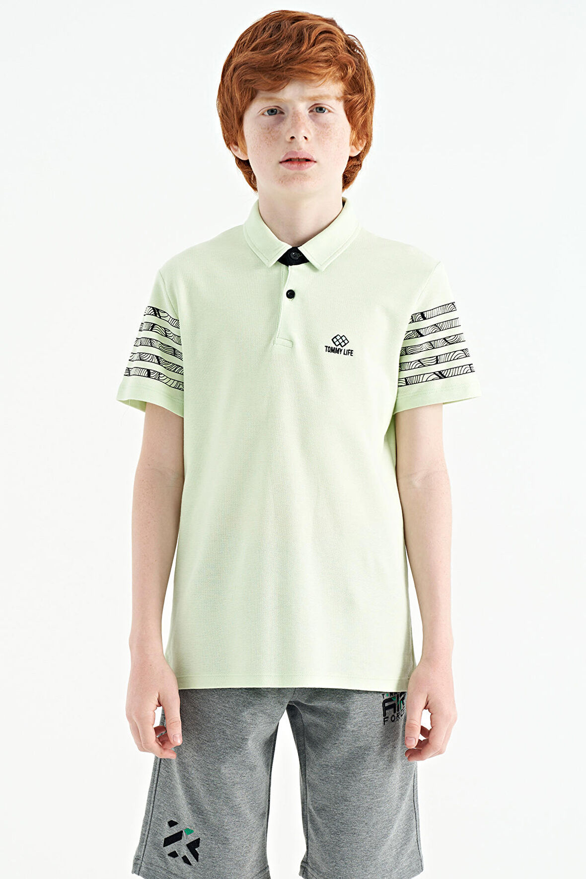 Su Yeşili Ön Yazı Nakışlı O Yaka Standart Kalıp Erkek  Çocuk T-Shirt - 11118 | 12-13 Yaş