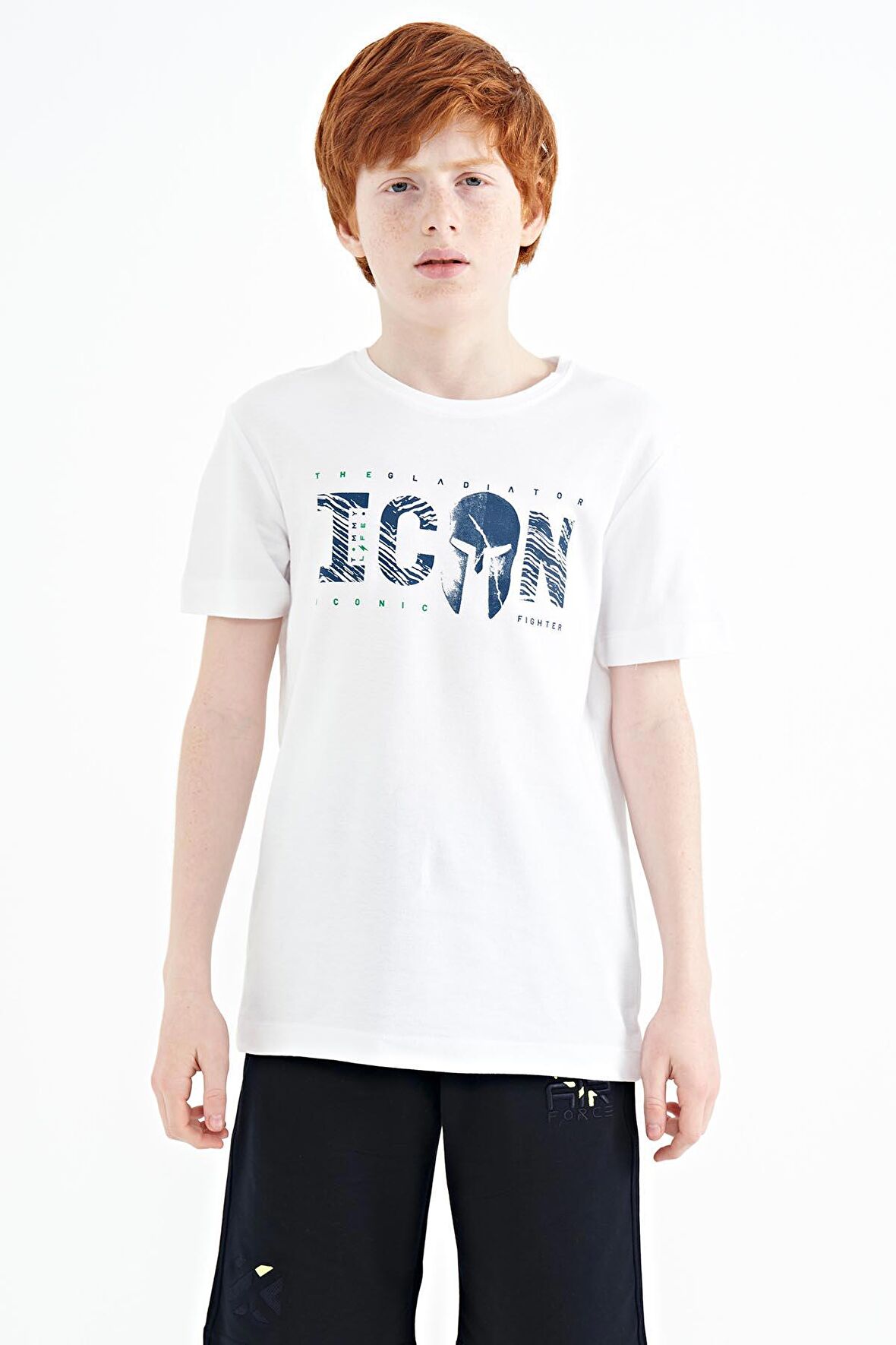 Beyaz Ön Yazı Nakışlı O Yaka Standart Kalıp Erkek  Çocuk T-Shirt - 11118 | 9-10 Yaş