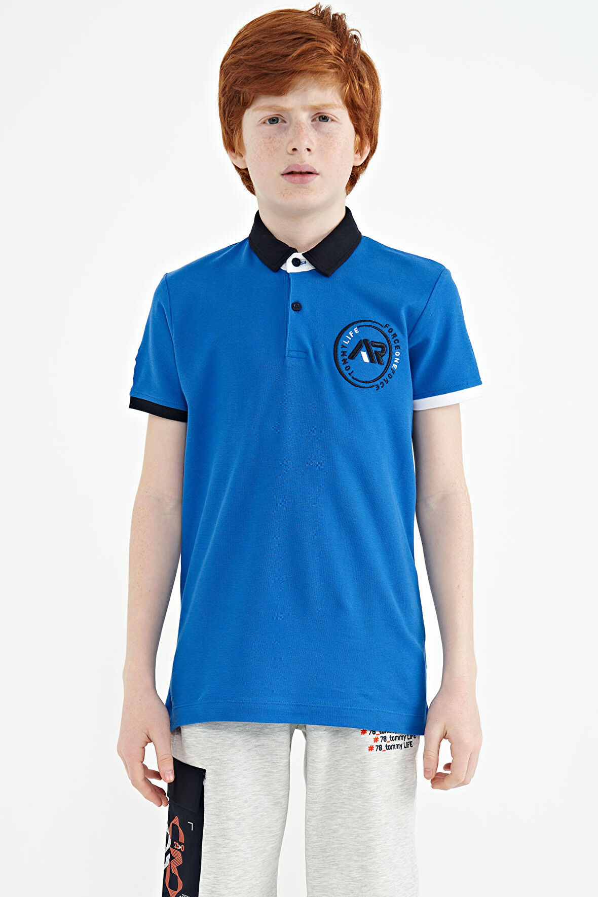 Saks Kol Ucu Renkli Logo Nakışlı Standart Kalıp Polo Yaka Erkek Çocuk T-Shirt - 11138 | 12-13 Yaş