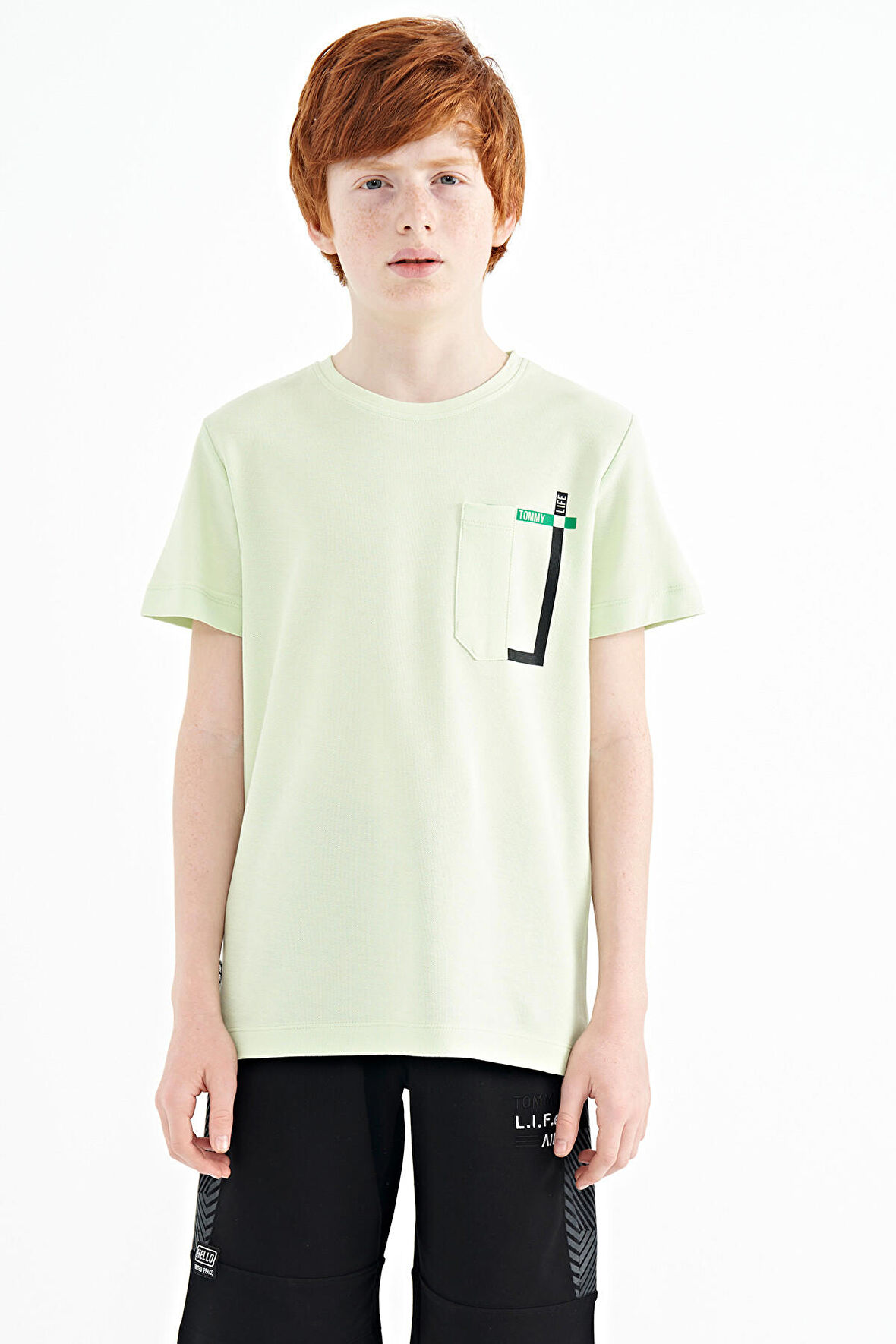Açık Yeşil Cep Detaylı O Yaka Standart Kalıp Erkek Çocuk T-Shirt - 11120