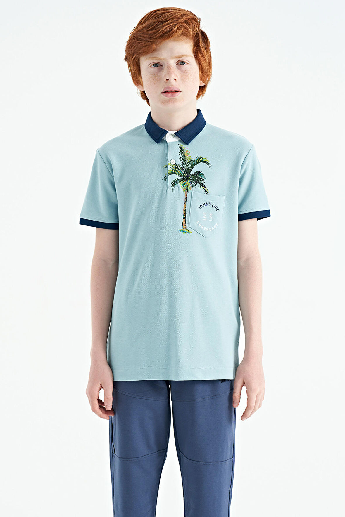 Açık Mavi Baskılı Cep Detaylı Standart Kalıp Polo Yaka Erkek Çocuk T-Shirt - 11144 | 5-6 Yaş