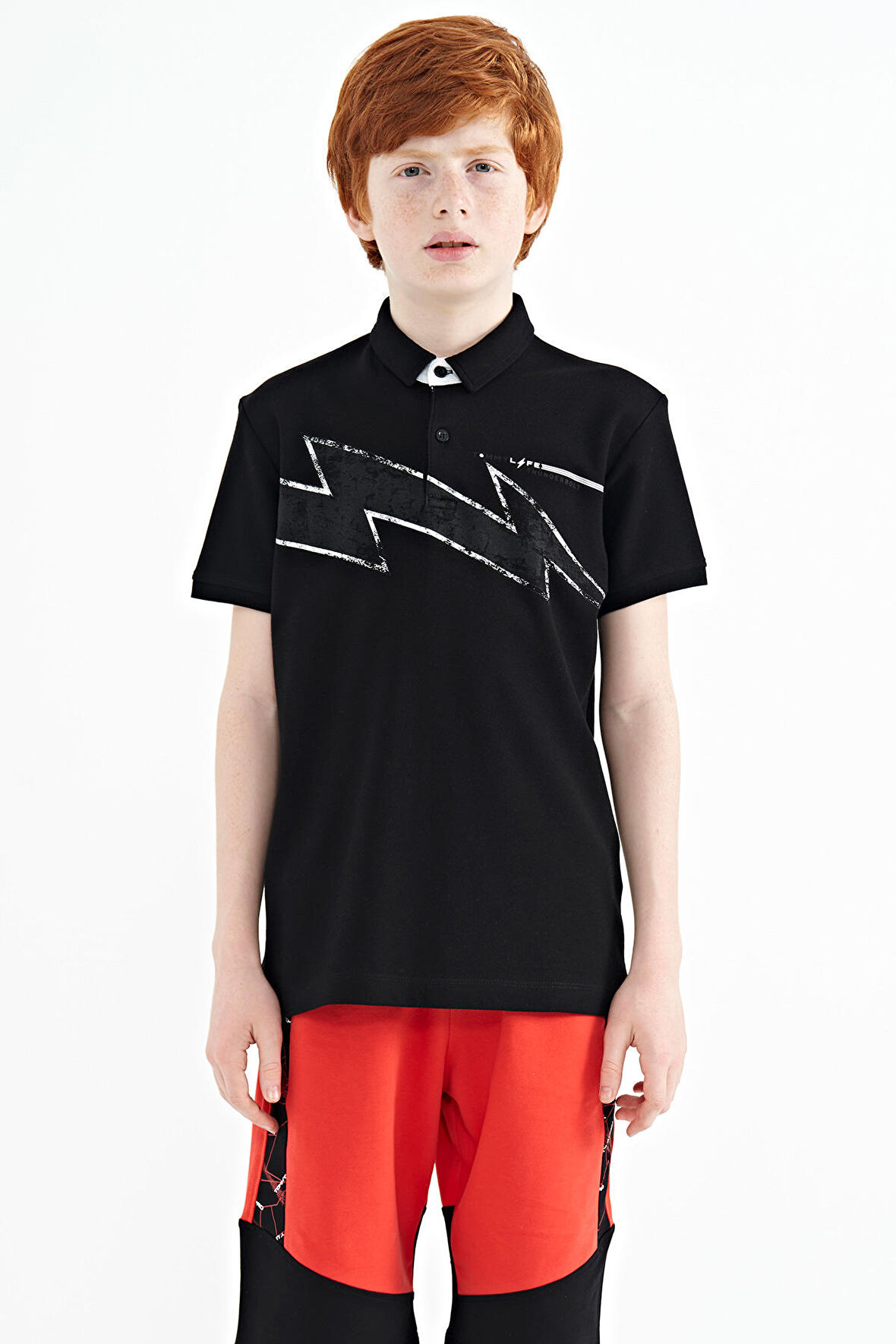 Siyah Baskı Detaylı Standart Kalıp Polo Yaka Erkek Çocuk T-Shirt - 11154 | 9-10 Yaş