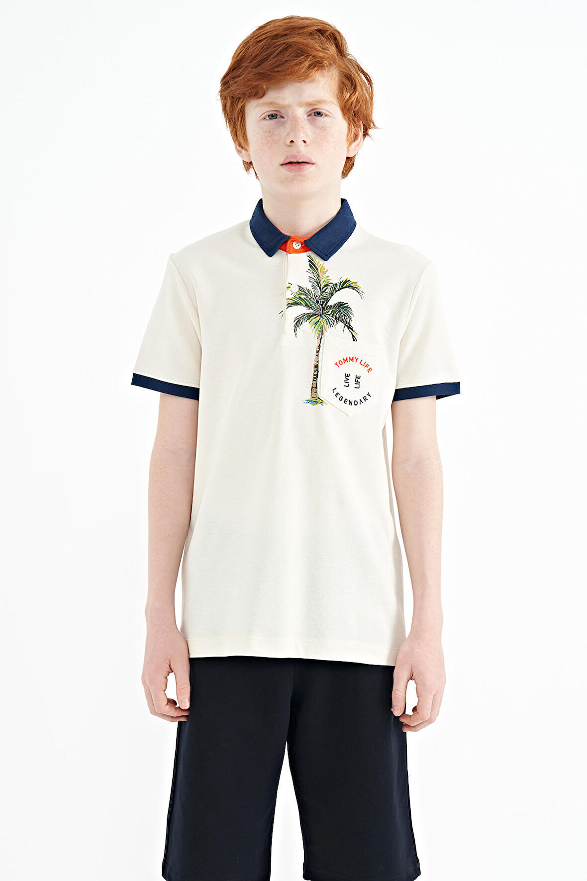 Ekru Baskılı Cep Detaylı Standart Kalıp Polo Yaka Erkek Çocuk T-Shirt - 11144 | 14-15 Yaş