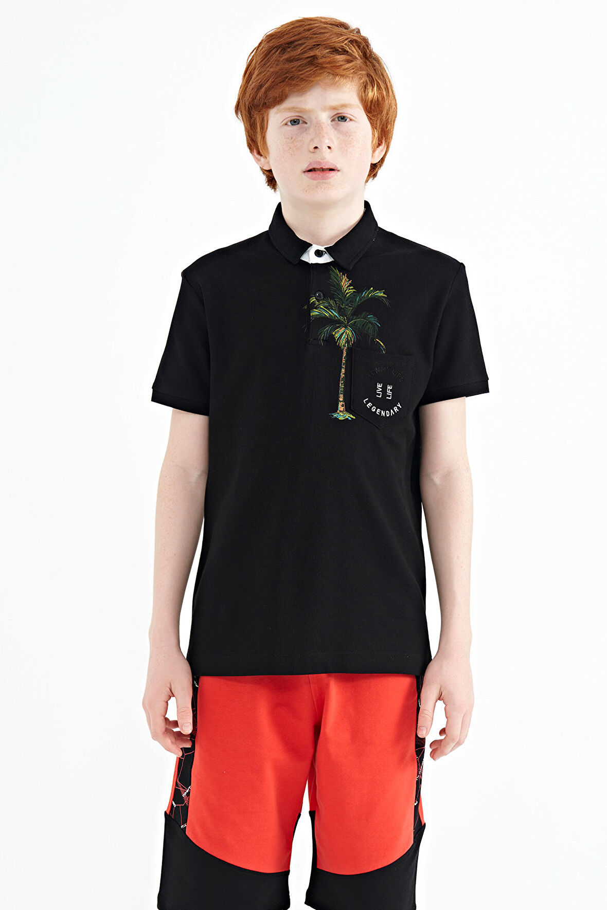 Siyah Baskılı Cep Detaylı Standart Kalıp Polo Yaka Erkek Çocuk T-Shirt - 11144 | 14-15 Yaş