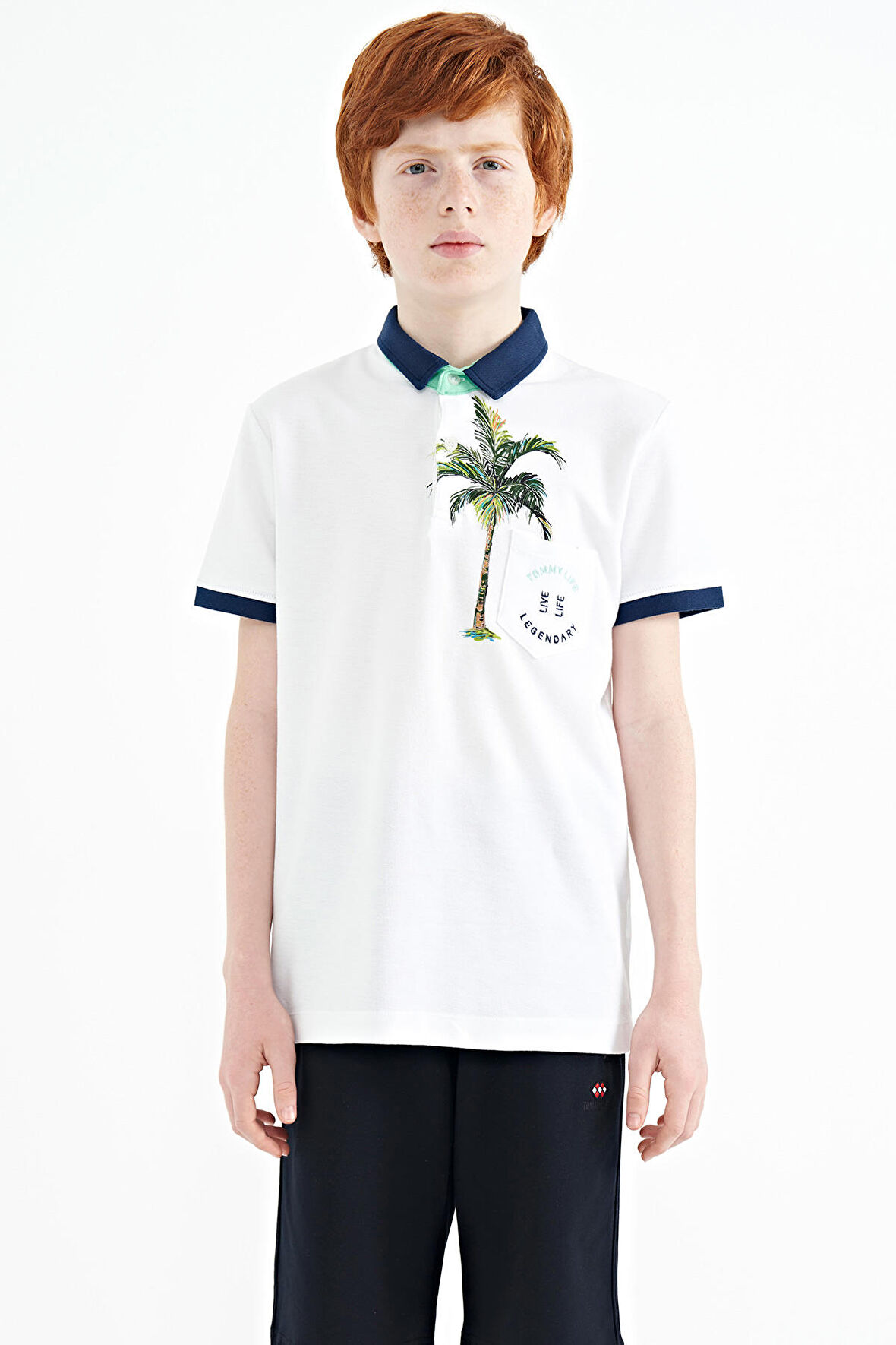 Beyaz Baskılı Cep Detaylı Standart Kalıp Polo Yaka Erkek Çocuk T-Shirt - 11144 | 12-13 Yaş