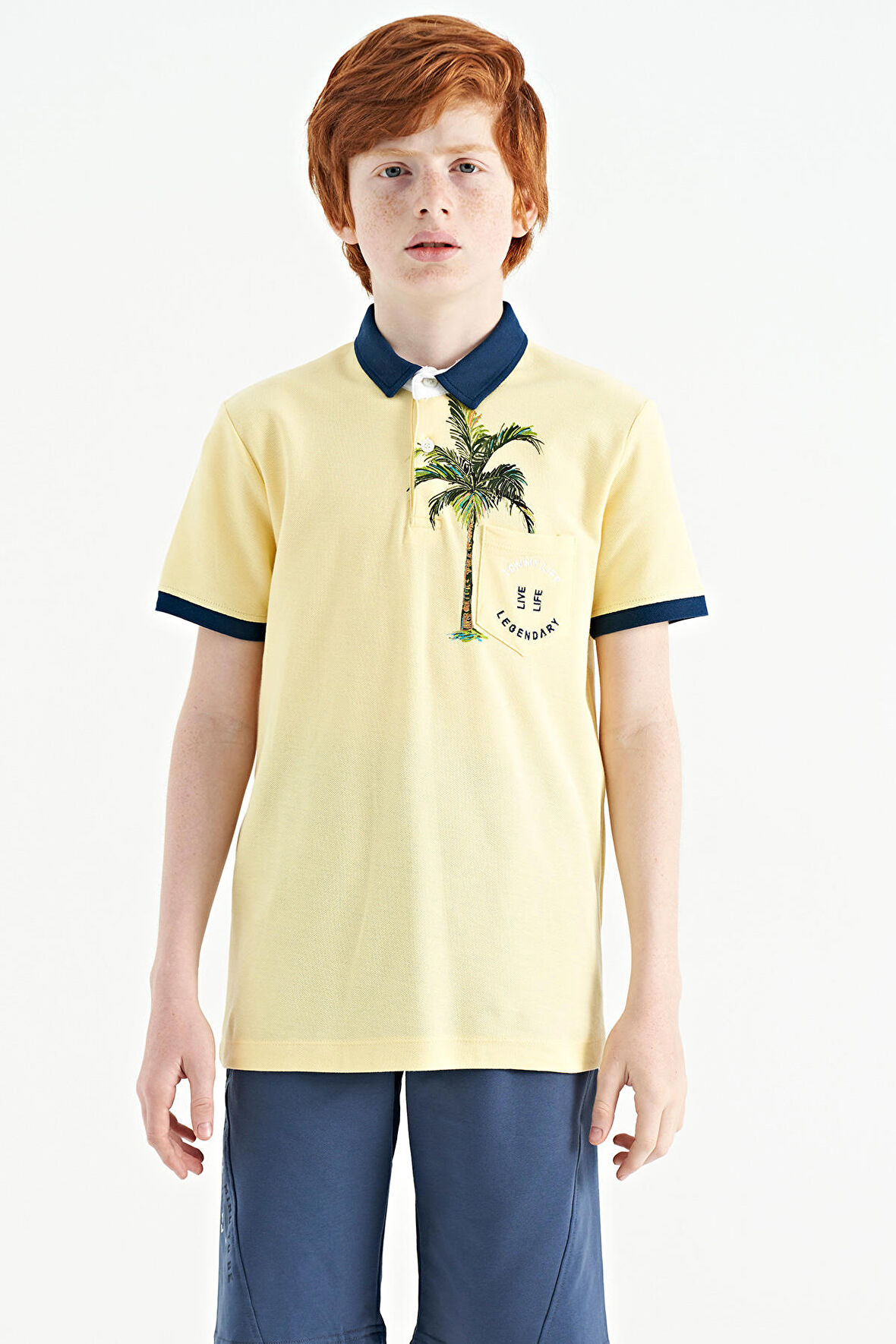 Sarı Baskılı Cep Detaylı Standart Kalıp Polo Yaka Erkek Çocuk T-Shirt - 11144 | 12-13 Yaş