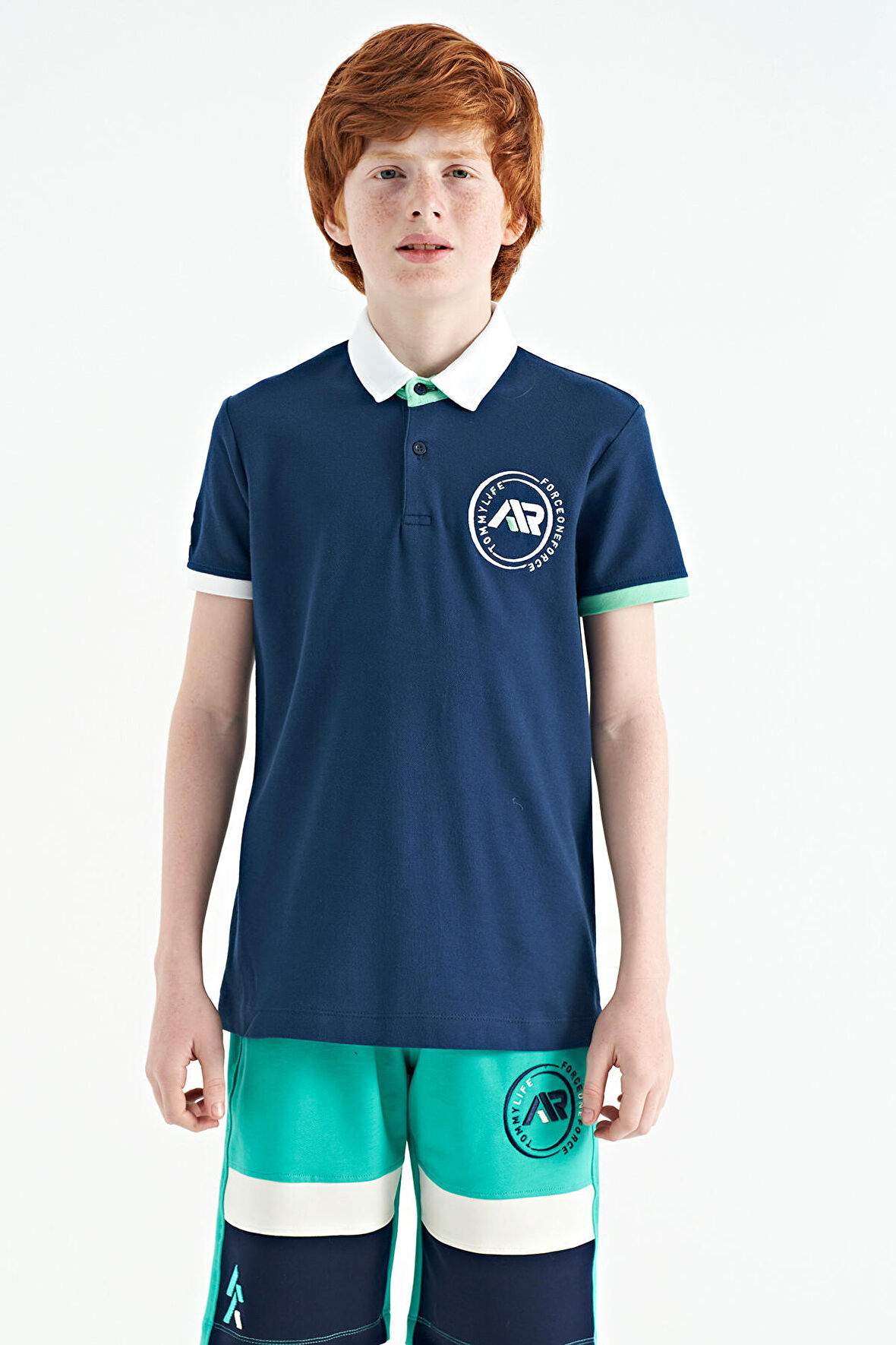 İndigo Kol Ucu Renkli Logo Nakışlı Standart Kalıp Polo Yaka Erkek Çocuk T-Shirt - 11138