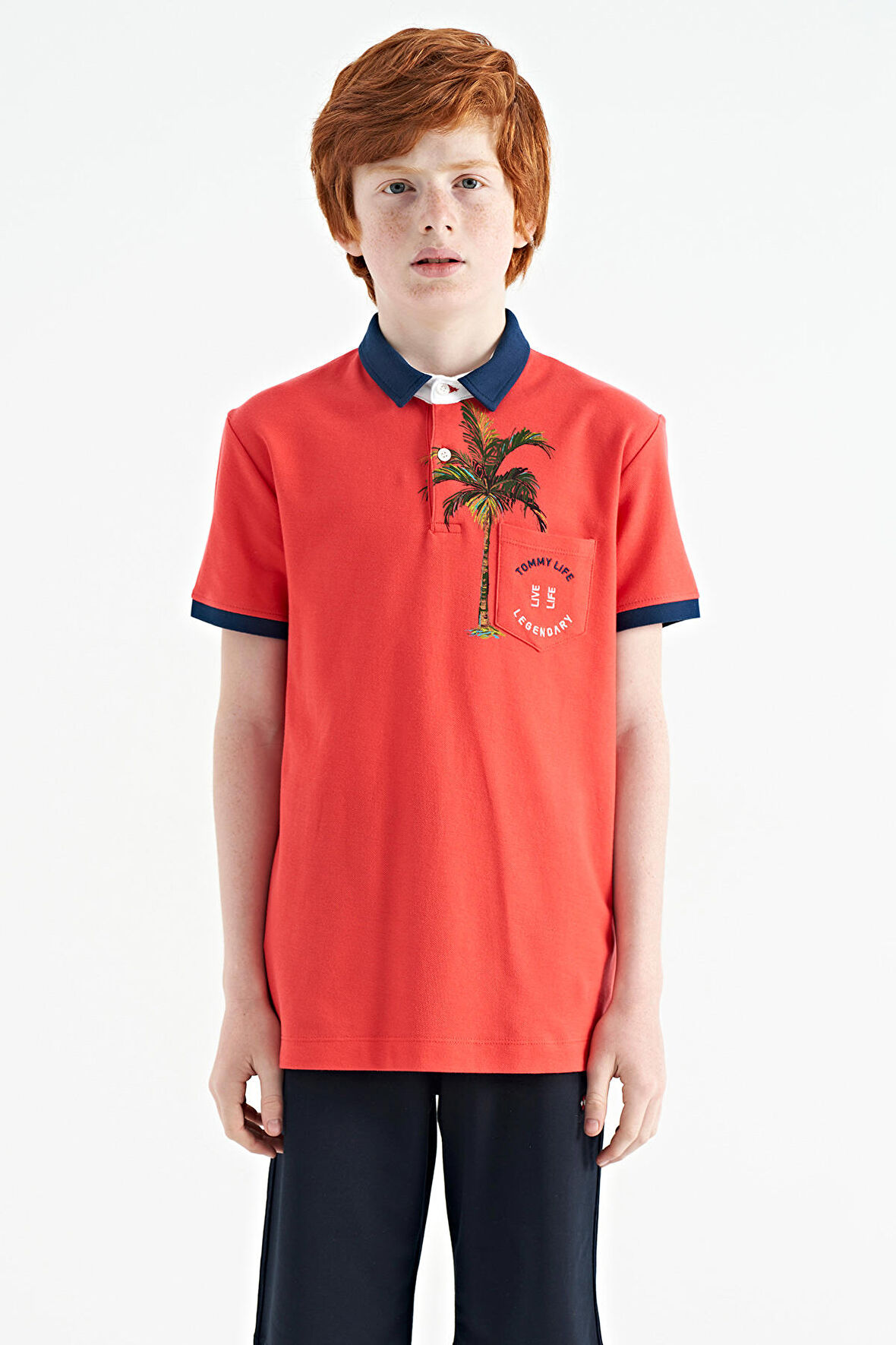 Coral Baskılı Cep Detaylı Standart Kalıp Polo Yaka Erkek Çocuk T-Shirt - 11144 | 8-9 Yaş