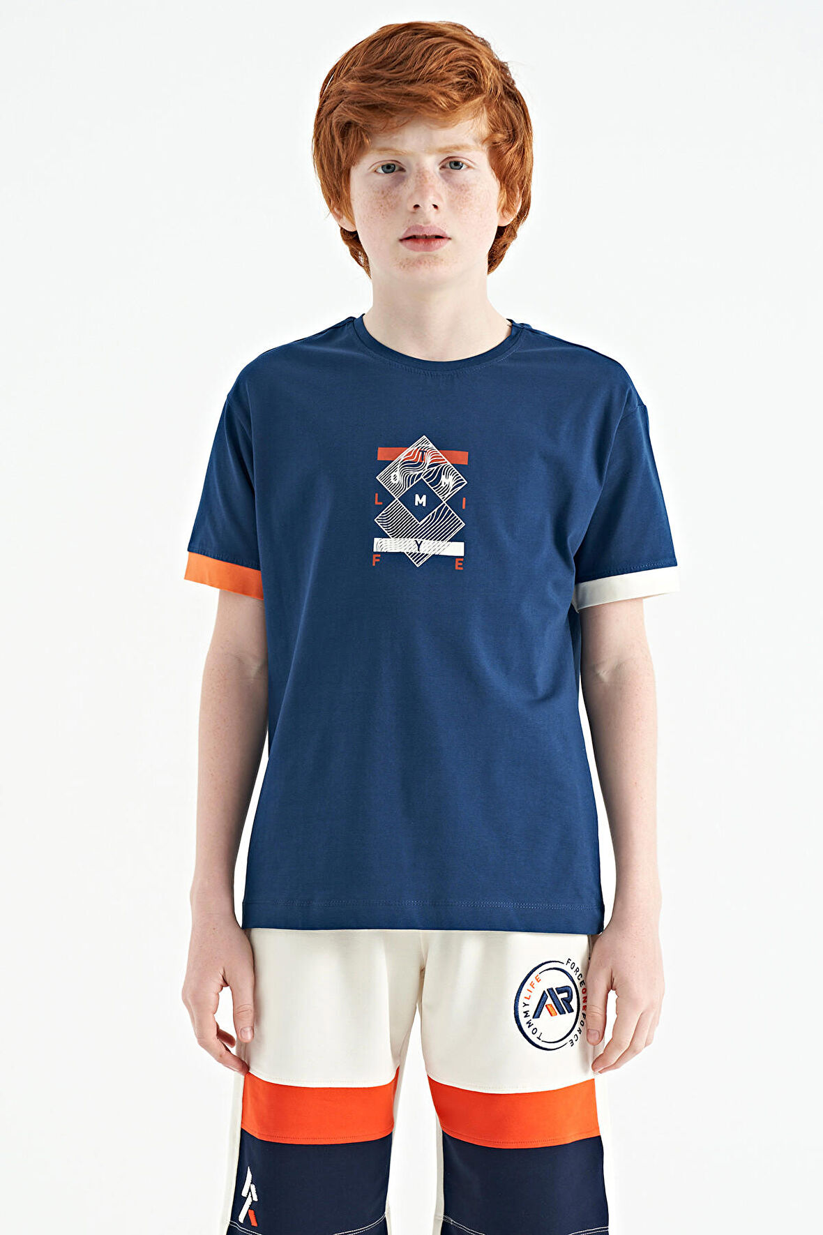 İndigo Kol Ucu Renkli Detaylı Baskılı Oversize  Erkek Çocuk T-Shirt - 11137