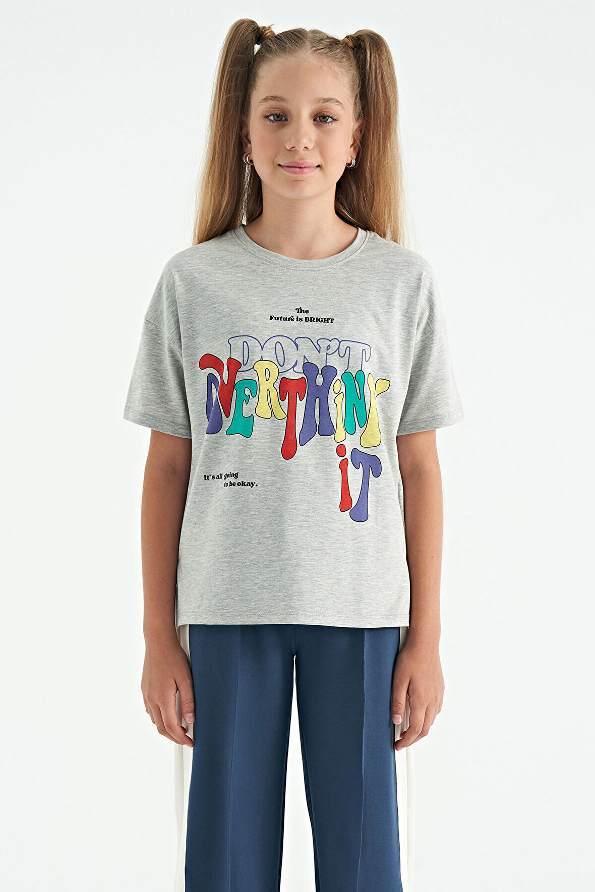 Gri Melanj Renki Yazı Baskılı O Yaka Oversize Kısa Kollu Kız Çocuk T-Shirt - 75112