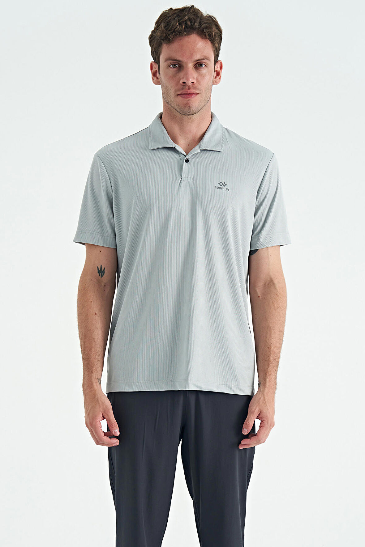 Gri Logo Baskılı Standart Kalıp Polo Yaka Aktif Spor Erkek T-Shirt - 88252 | XXL