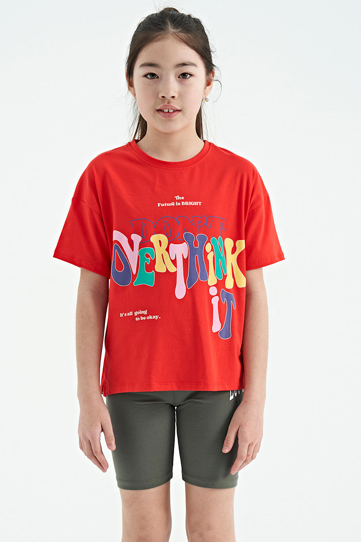Fiesta Renki Yazı Baskılı O Yaka Oversize Kısa Kollu Kız Çocuk T-Shirt - 75112 | 7-8 Yaş