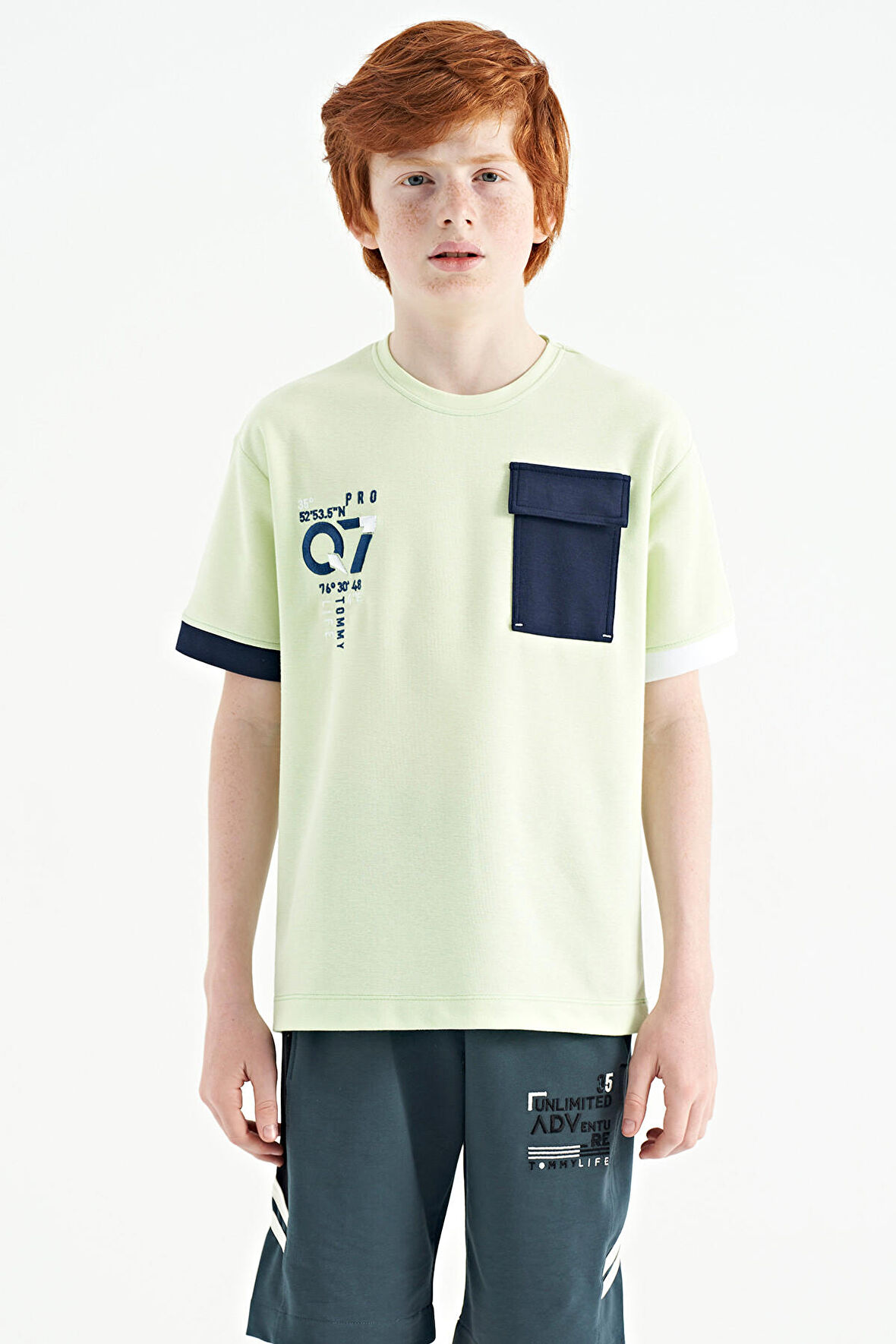 Açık Yeşil O Yaka Oversize Cep Detaylı Erkek Çocuk T-Shirt - 11152