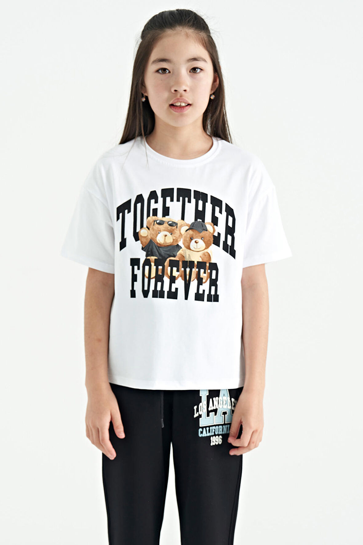 Beyaz Ayıcık Baskılı O Yaka Oversize Kısa Kol Kız Çocuk T-Shirt - 75116 | 8-9 Yaş