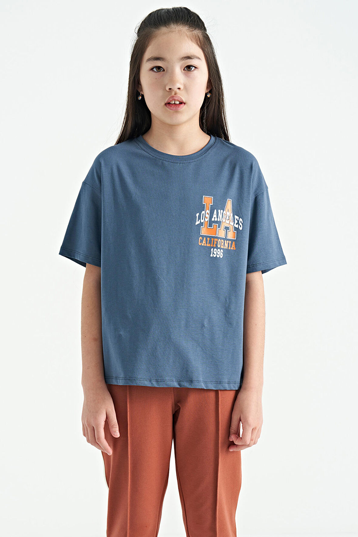 Petrol Ön Arka Baskılı O Yaka Oversize Kısa Kollu Kız Çocuk T-Shirt - 75127 | 8-9 Yaş