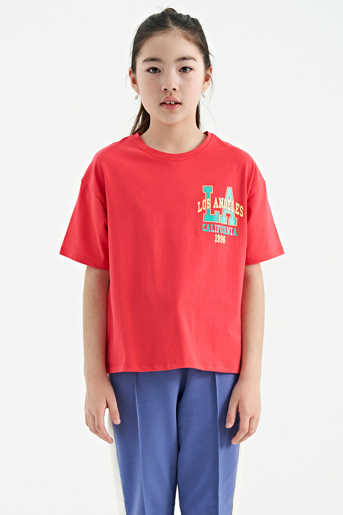 Rose Ön Arka Baskılı O Yaka Oversize Kısa Kollu Kız Çocuk T-Shirt - 75127 | 11-12 Yaş