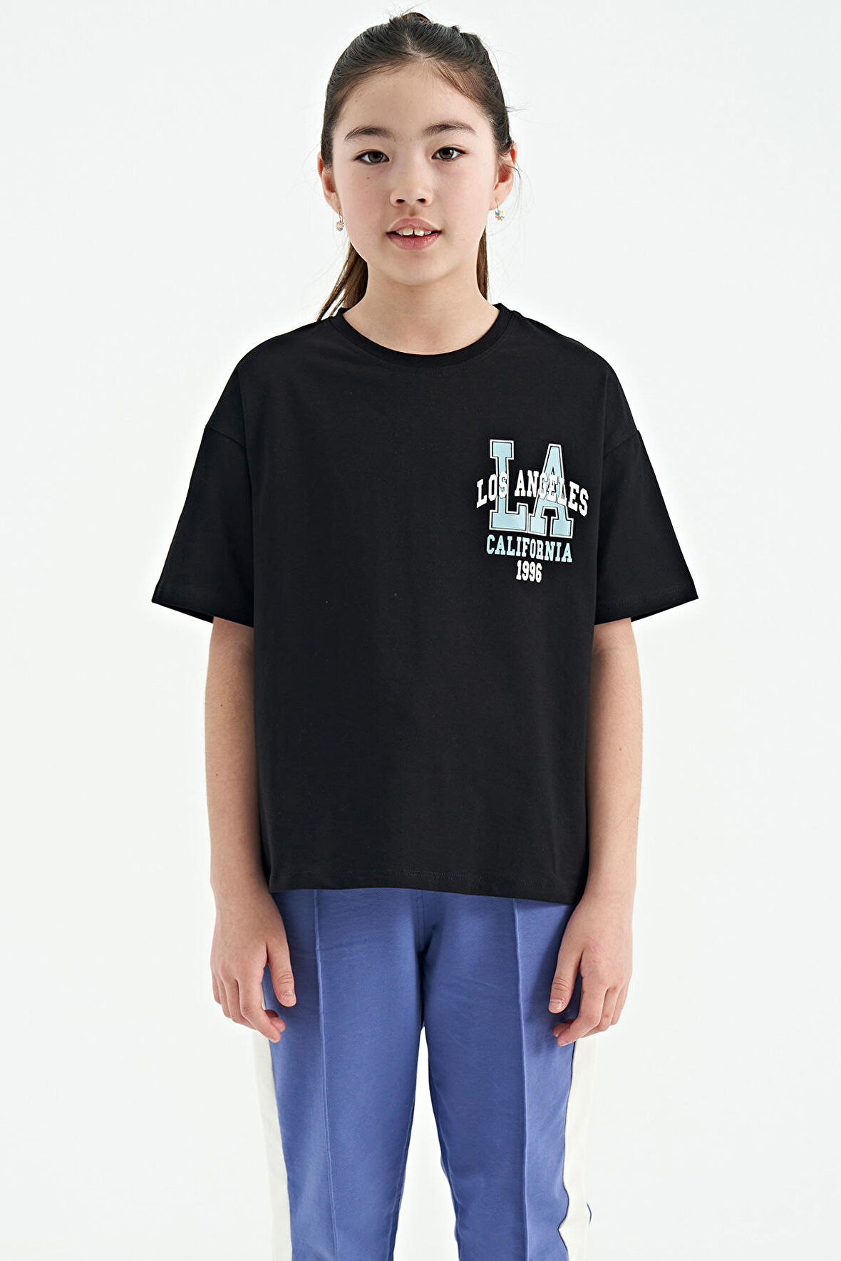 Siyah Ön Arka Baskılı O Yaka Oversize Kısa Kollu Kız Çocuk T-Shirt - 75127 | 9-10 Yaş