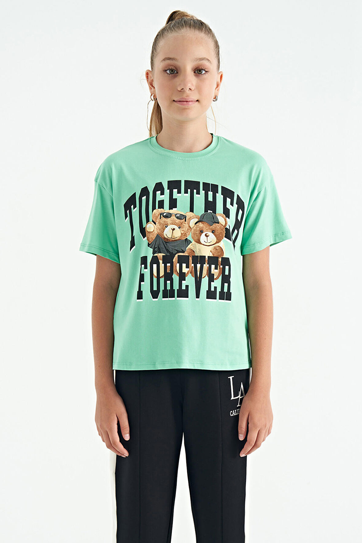 Su Yeşili Ayıcık Baskılı O Yaka Oversize Kısa Kol Kız Çocuk T-Shirt - 75116 | 8-9 Yaş