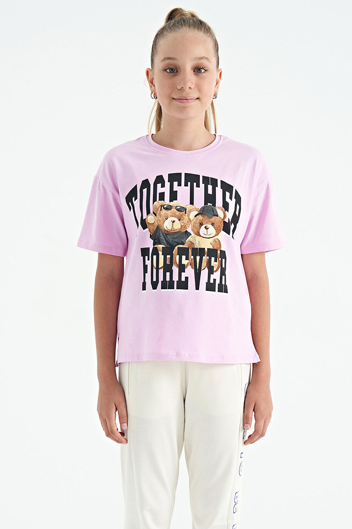 Pembe Ayıcık Baskılı O Yaka Oversize Kısa Kol Kız Çocuk T-Shirt - 75116 | 7-8 Yaş