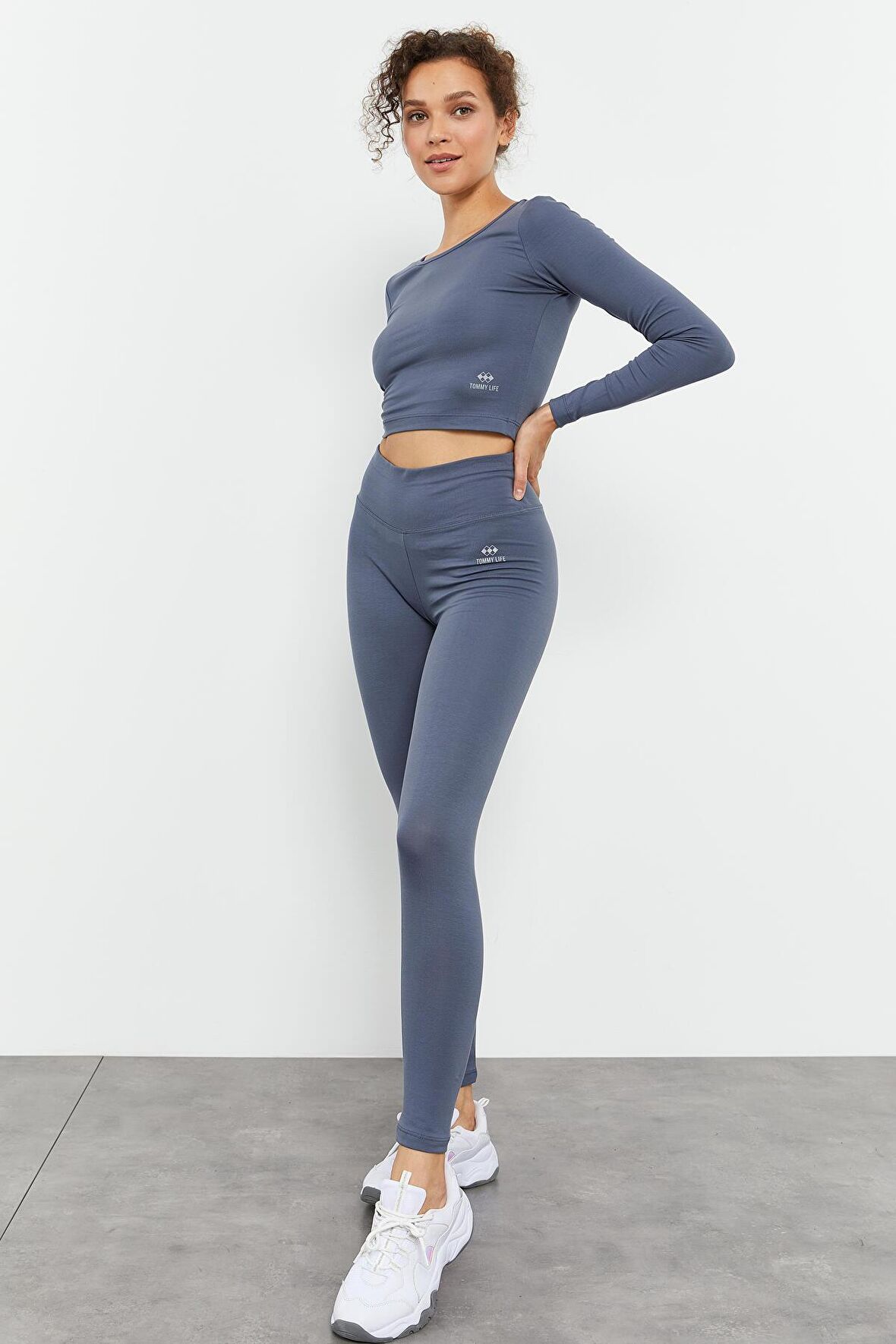 Petrol Yüksek Bel Uzun Kollu Slim Fit Crop Top Kadın Tayt Takım - 95286 | M