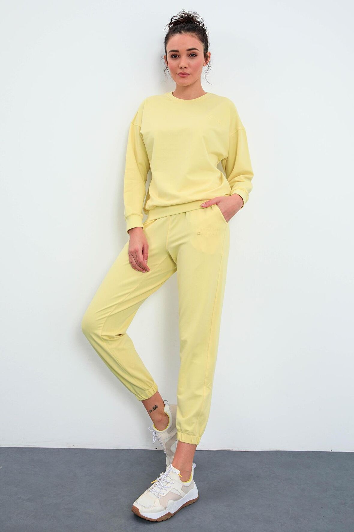 Limon O Yaka Oversize Lastik Paça Kadın Eşofman Takımı - 95287 | XXL