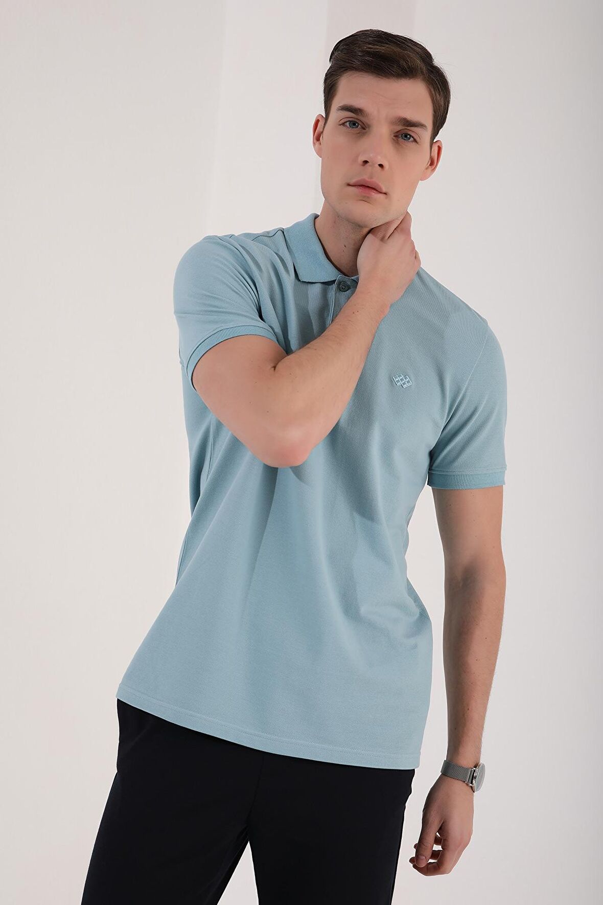 Buz Mavi Basic Logolu Standart Kalıp Triko Polo Yaka Erkek T-Shirt - 87748 | XL