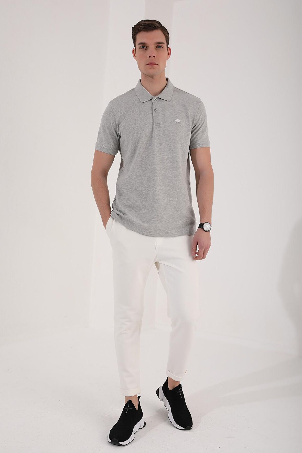Gri Melanj Basic Logolu Standart Kalıp Triko Polo Yaka Erkek T-Shirt - 87748 | XL